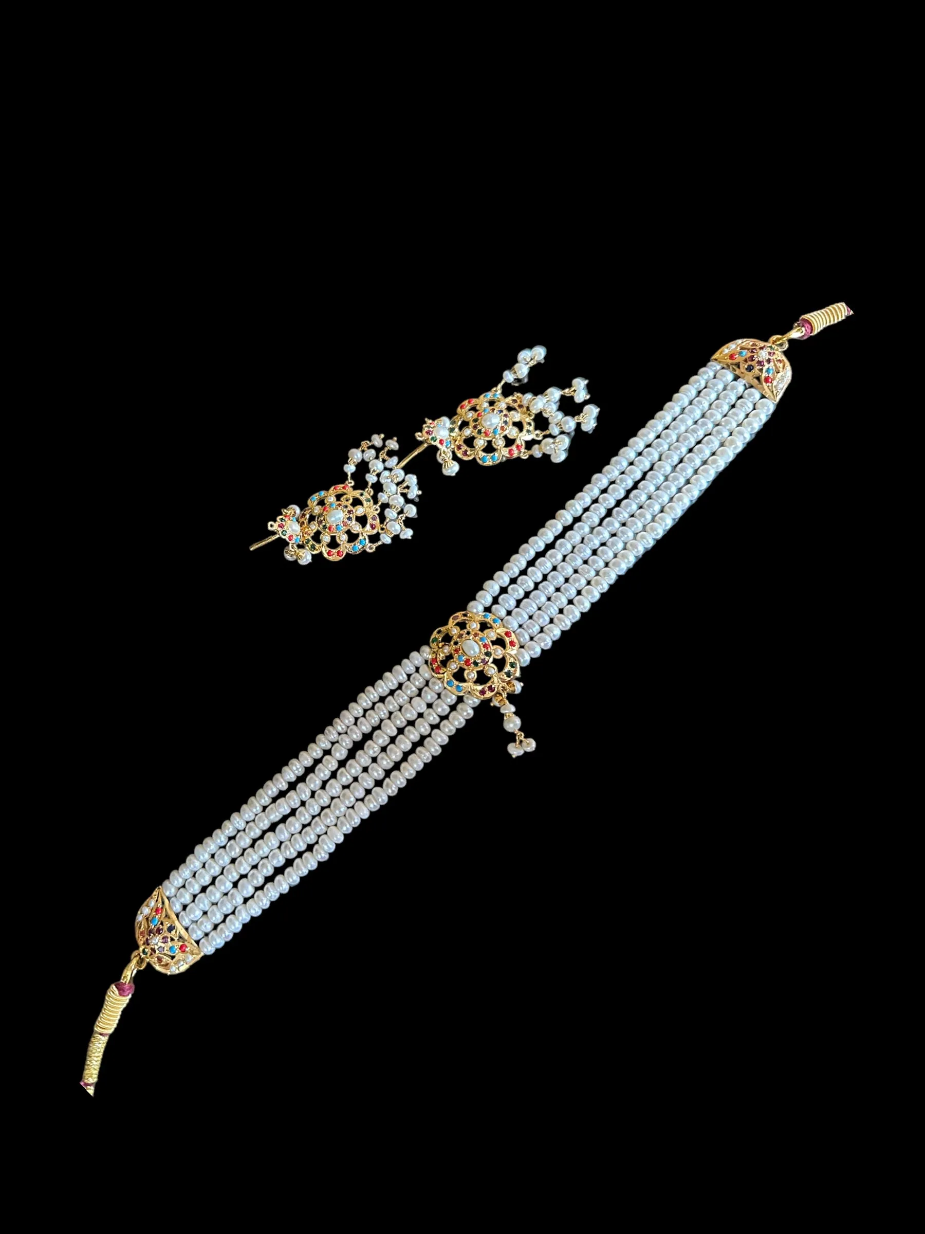 Navratan jadau choker set in fresh water pearls ( READY TO SHIP )