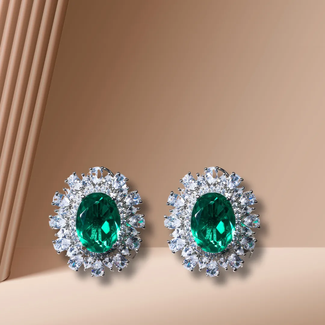 Nouf Emerlad Green White Gold Statement Studs Indian Jewelry by Jaipur Rose