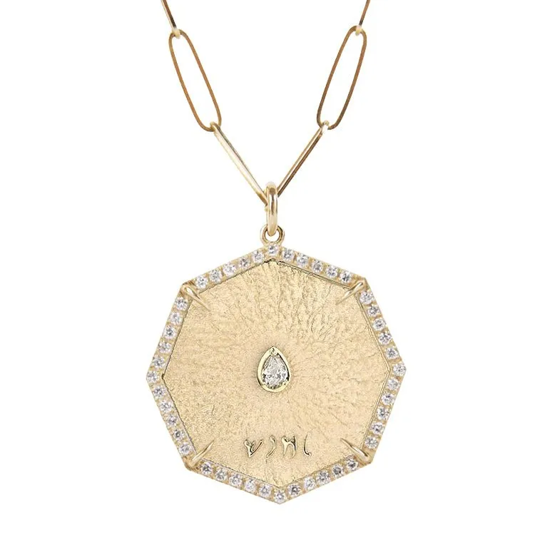 Octagon Seek Pendant with Center Pear and Pave Diamond Border