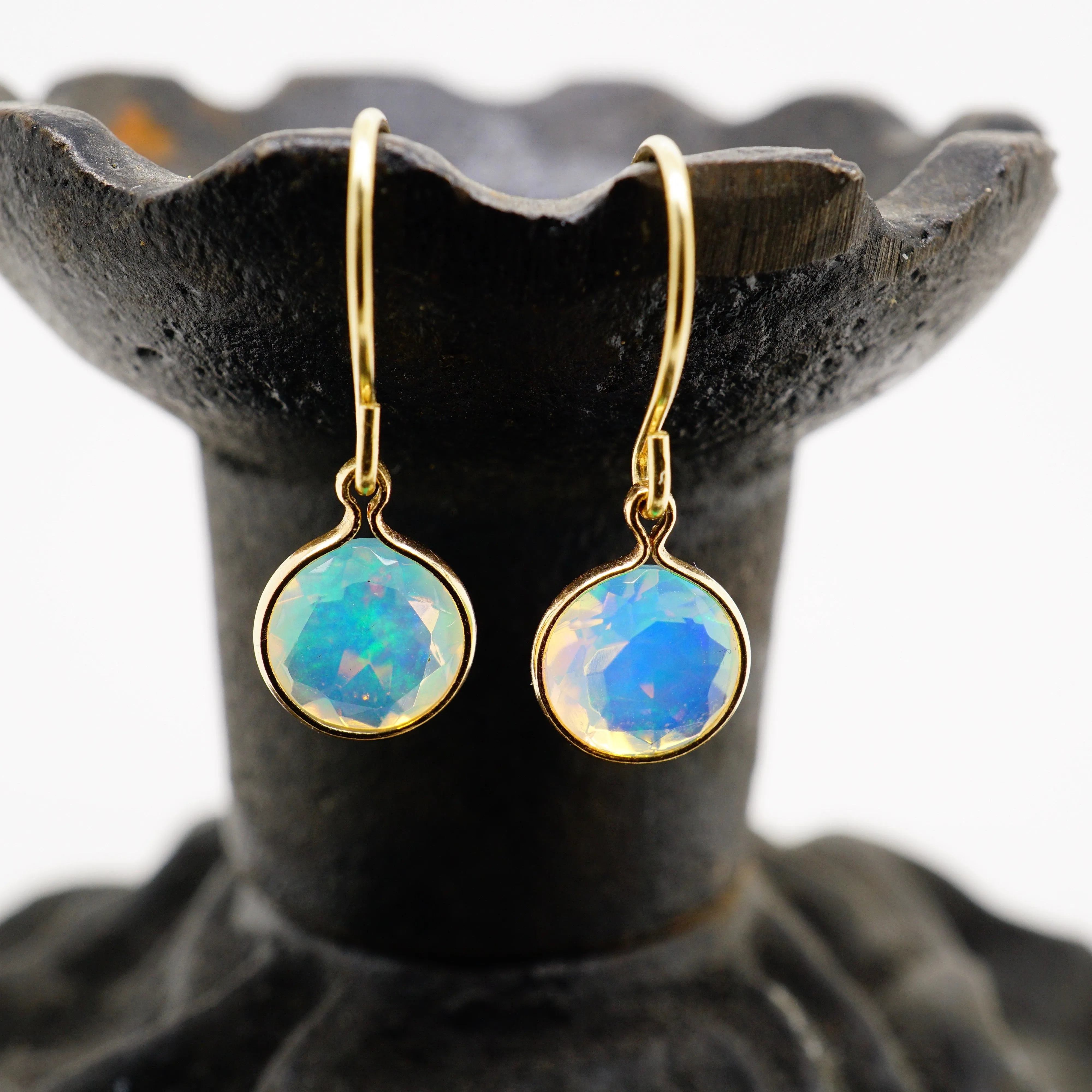 Opal Dangle Earrings, Faceted Opal Earrings, Bezel Opal Drop Earrings