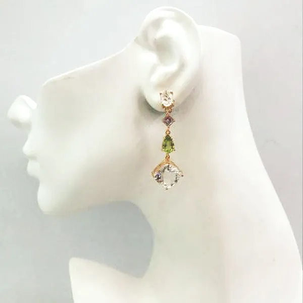 Oval White Topaz Studs with Amethyst, Peridot & Square Rock Crystal Detachable Dangle Twinset Earrings