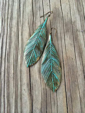 Patina Copper Long Leaf Earrings