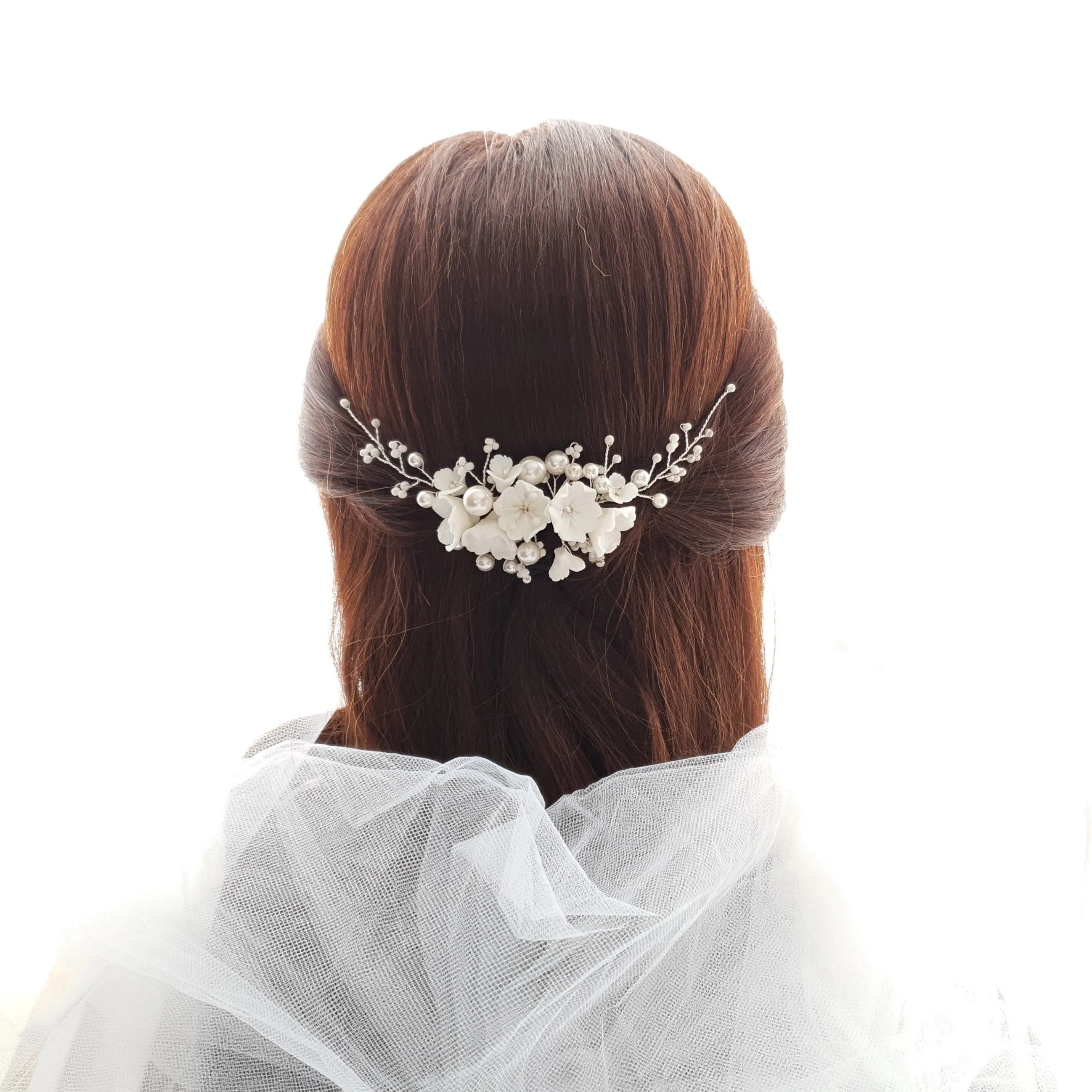 Pearl Bridal Hair Comb with White Flowers-Daphne