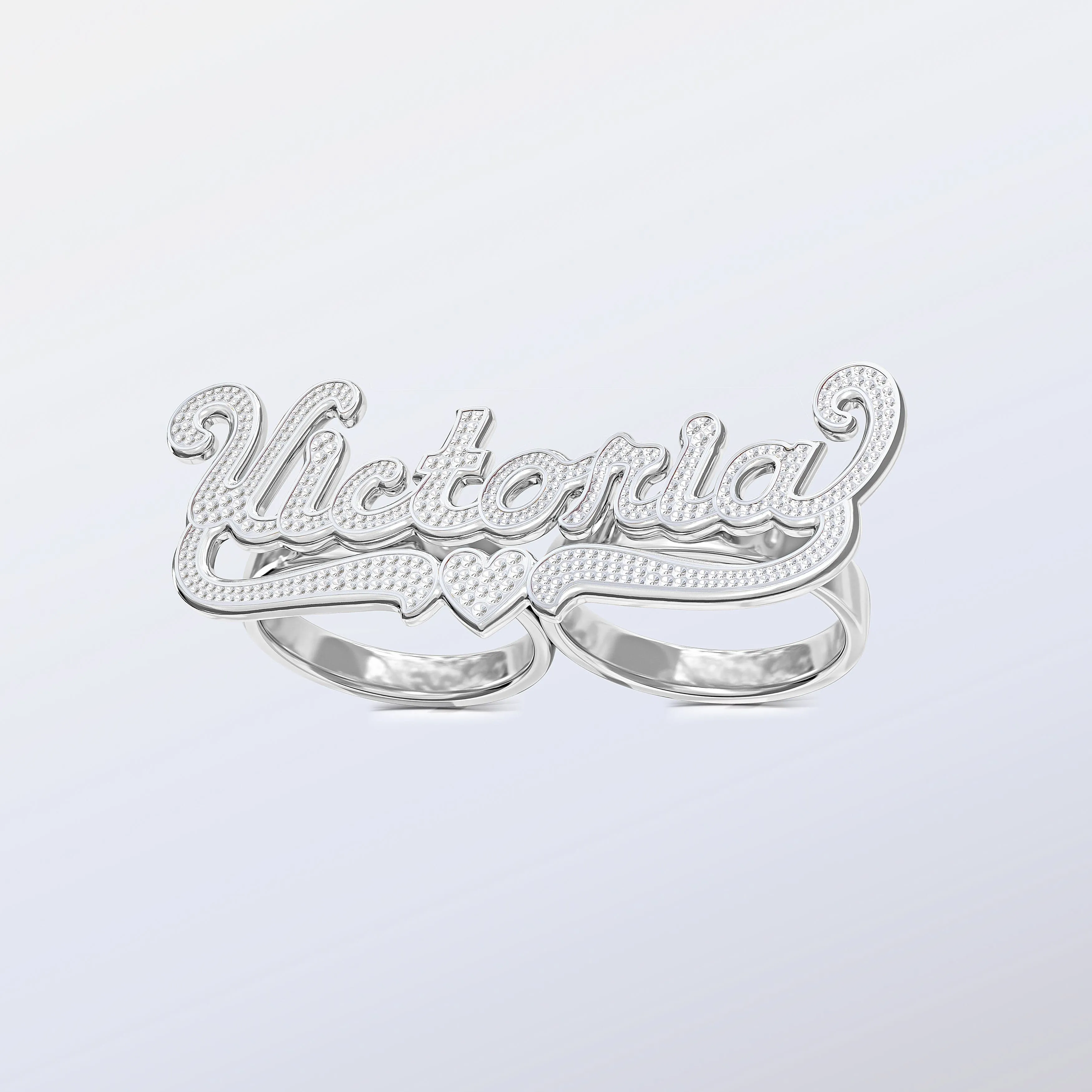 Personalized Two-Finger Name Ring with Beading and Rhodium With Tail  Victoria