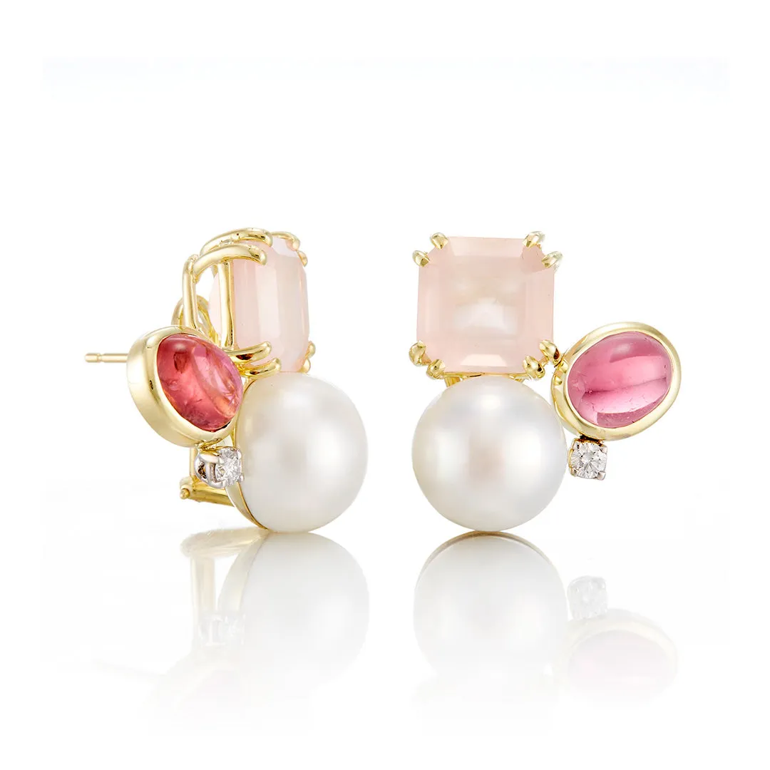 Pink Tourmaline, Rose Quartz & Pearl Cluster Earrings