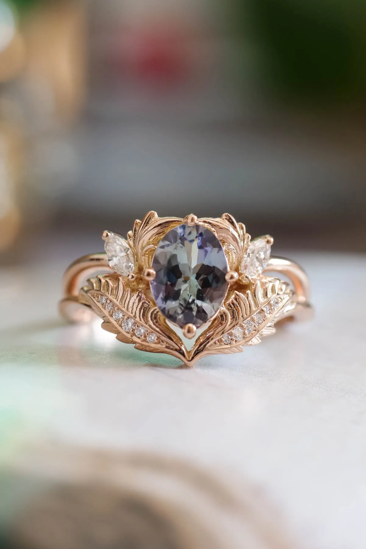 READY TO SHIP: Adonis in 14K rose gold, natural oval bi-color tanzanite 8x6 mm, diamonds, RING SIZE 8.25 US