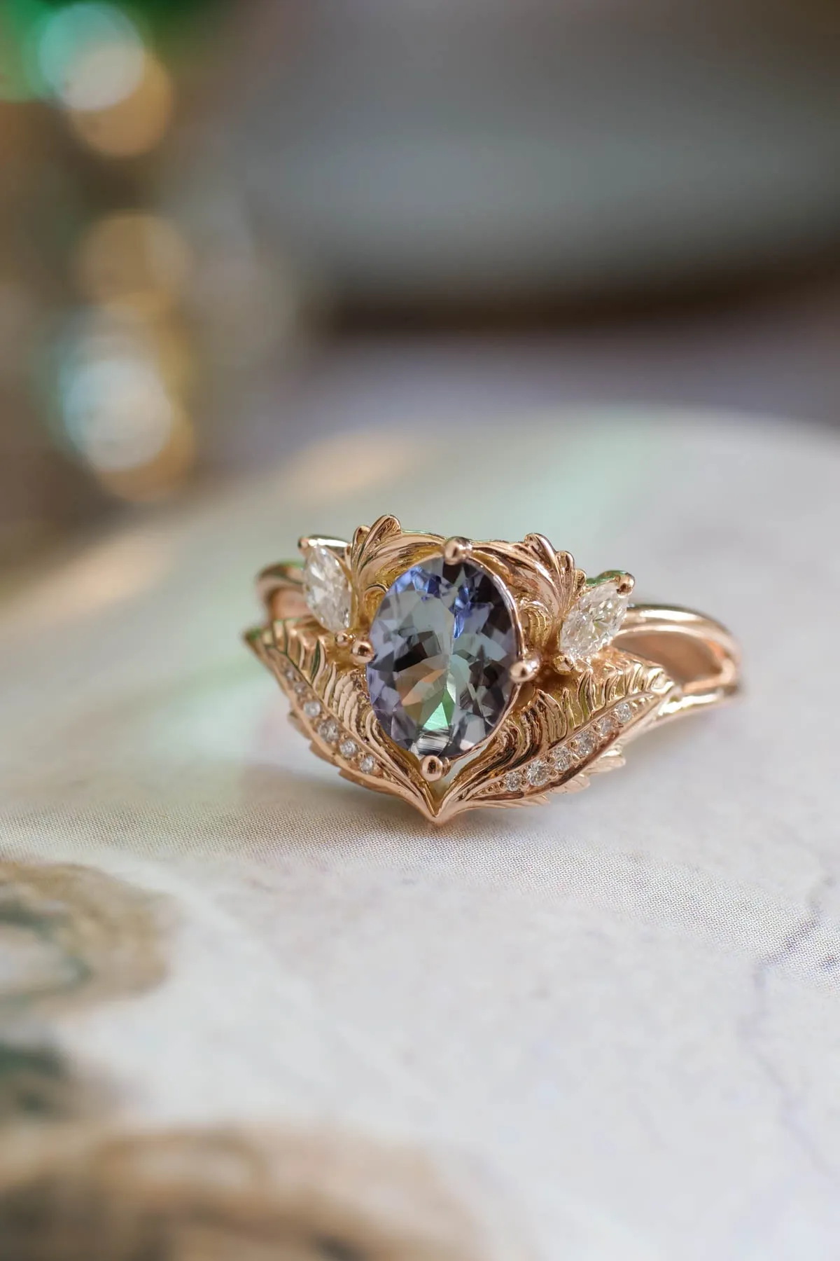 READY TO SHIP: Adonis in 14K rose gold, natural oval bi-color tanzanite 8x6 mm, diamonds, RING SIZE 8.25 US