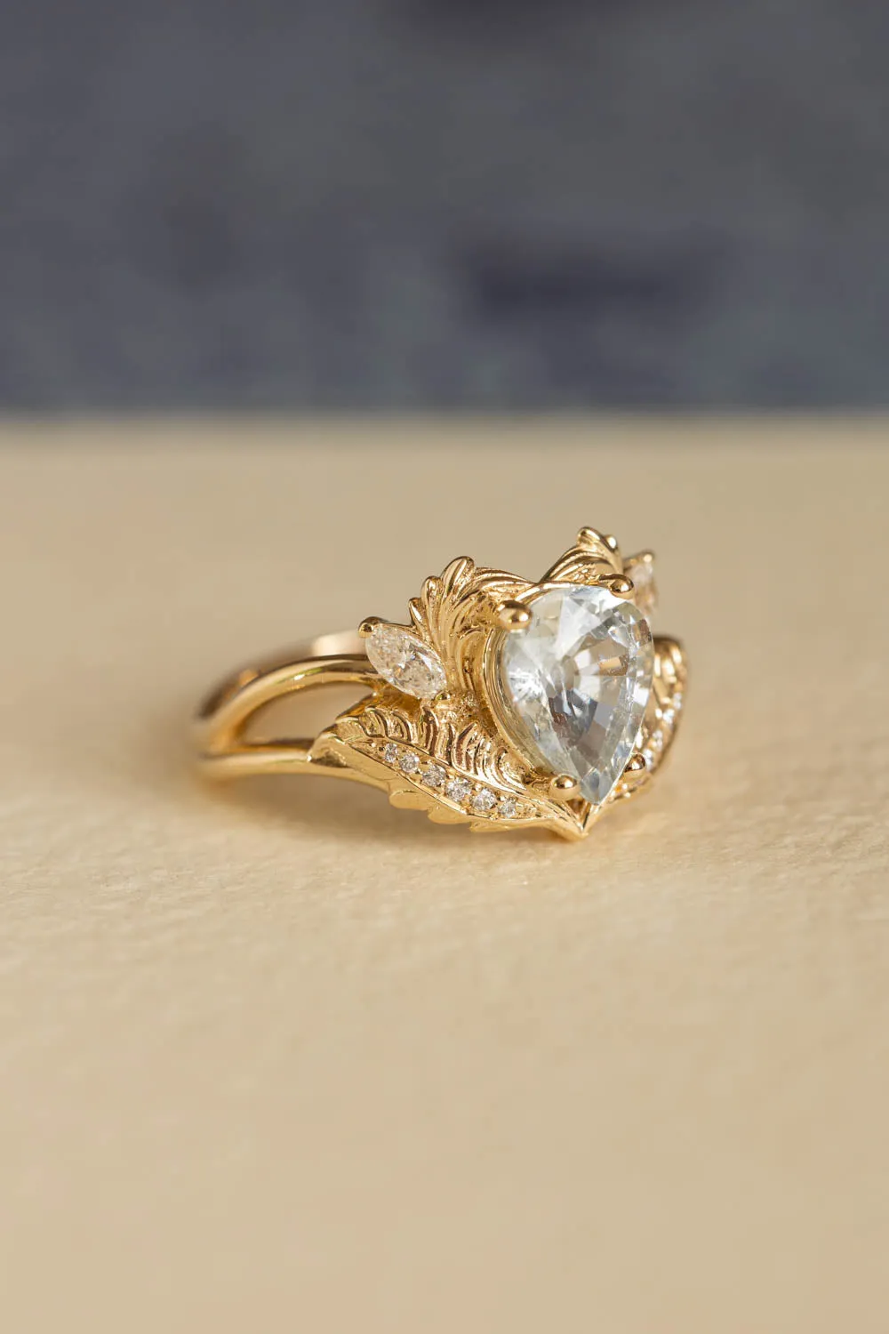 READY TO SHIP: Adonis ring in 18K yellow gold, pear white sapphire 9x7 mm, moissanites, AVAILABLE RING SIZES: 5.5-7.5 US