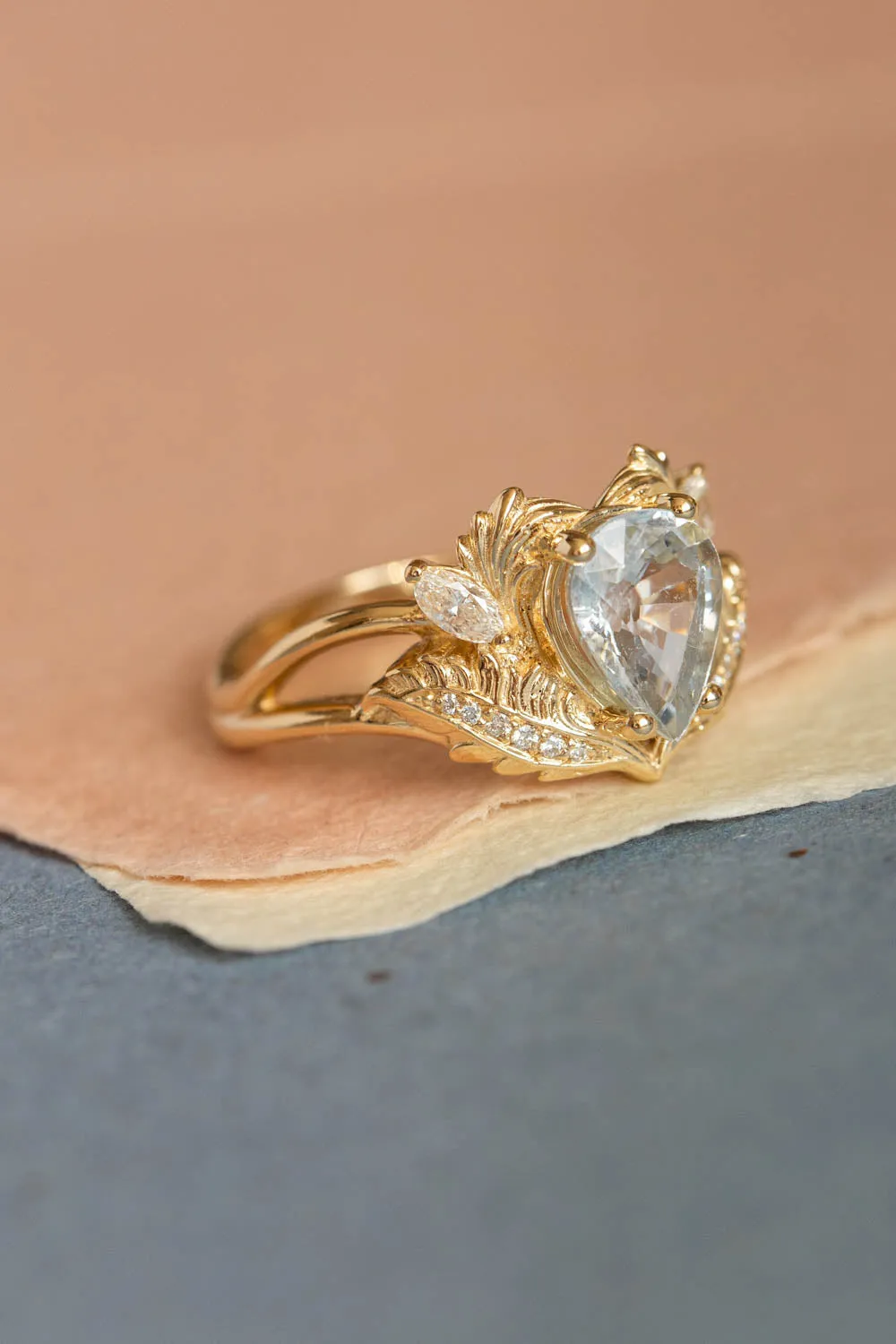 READY TO SHIP: Adonis ring in 18K yellow gold, pear white sapphire 9x7 mm, moissanites, AVAILABLE RING SIZES: 5.5-7.5 US