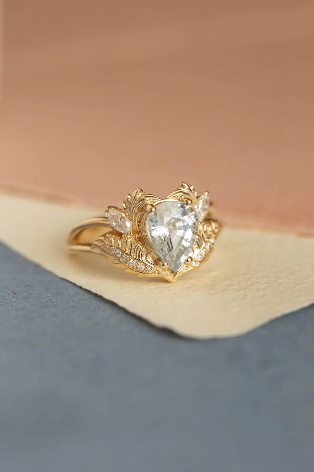 READY TO SHIP: Adonis ring in 18K yellow gold, pear white sapphire 9x7 mm, moissanites, AVAILABLE RING SIZES: 5.5-7.5 US