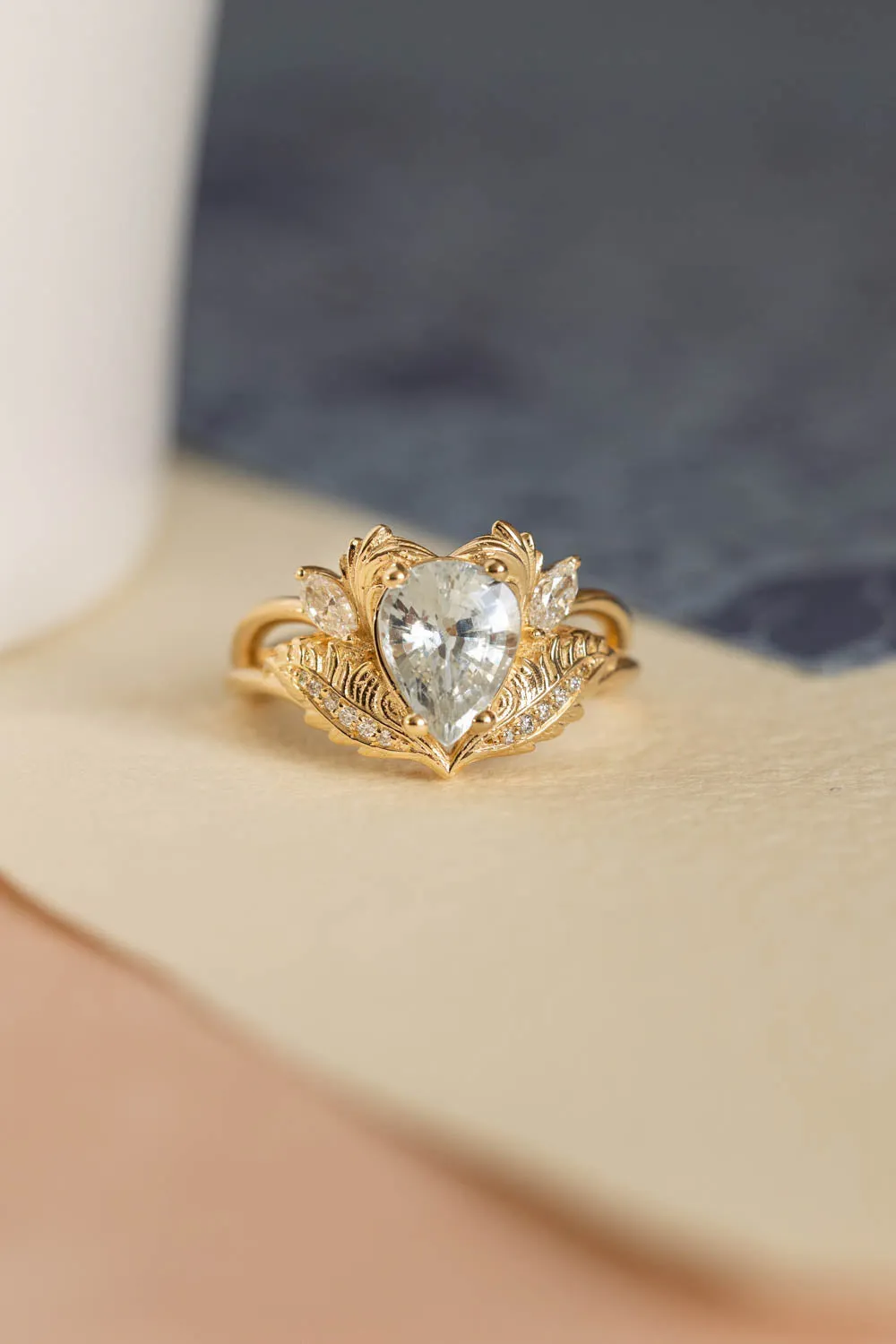 READY TO SHIP: Adonis ring in 18K yellow gold, pear white sapphire 9x7 mm, moissanites, AVAILABLE RING SIZES: 5.5-7.5 US