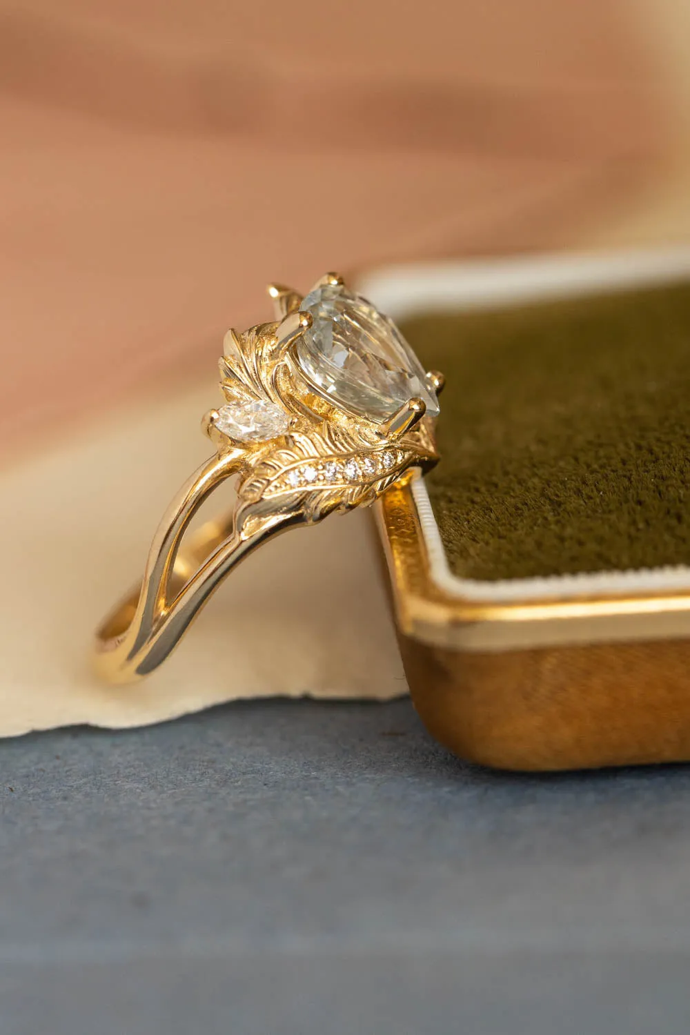 READY TO SHIP: Adonis ring in 18K yellow gold, pear white sapphire 9x7 mm, moissanites, AVAILABLE RING SIZES: 5.5-7.5 US