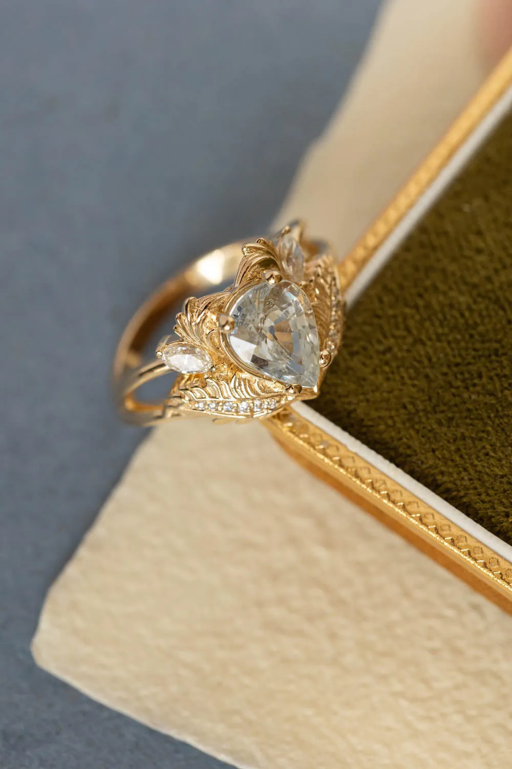 READY TO SHIP: Adonis ring in 18K yellow gold, pear white sapphire 9x7 mm, moissanites, AVAILABLE RING SIZES: 5.5-7.5 US