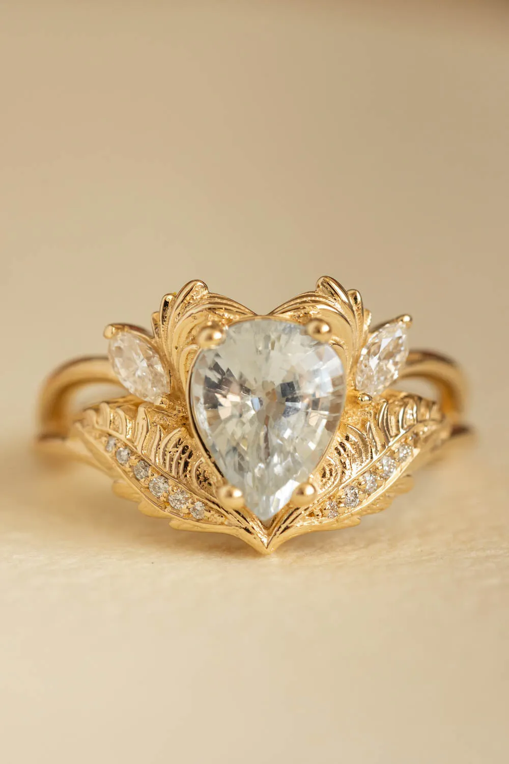 READY TO SHIP: Adonis ring in 18K yellow gold, pear white sapphire 9x7 mm, moissanites, AVAILABLE RING SIZES: 5.5-7.5 US