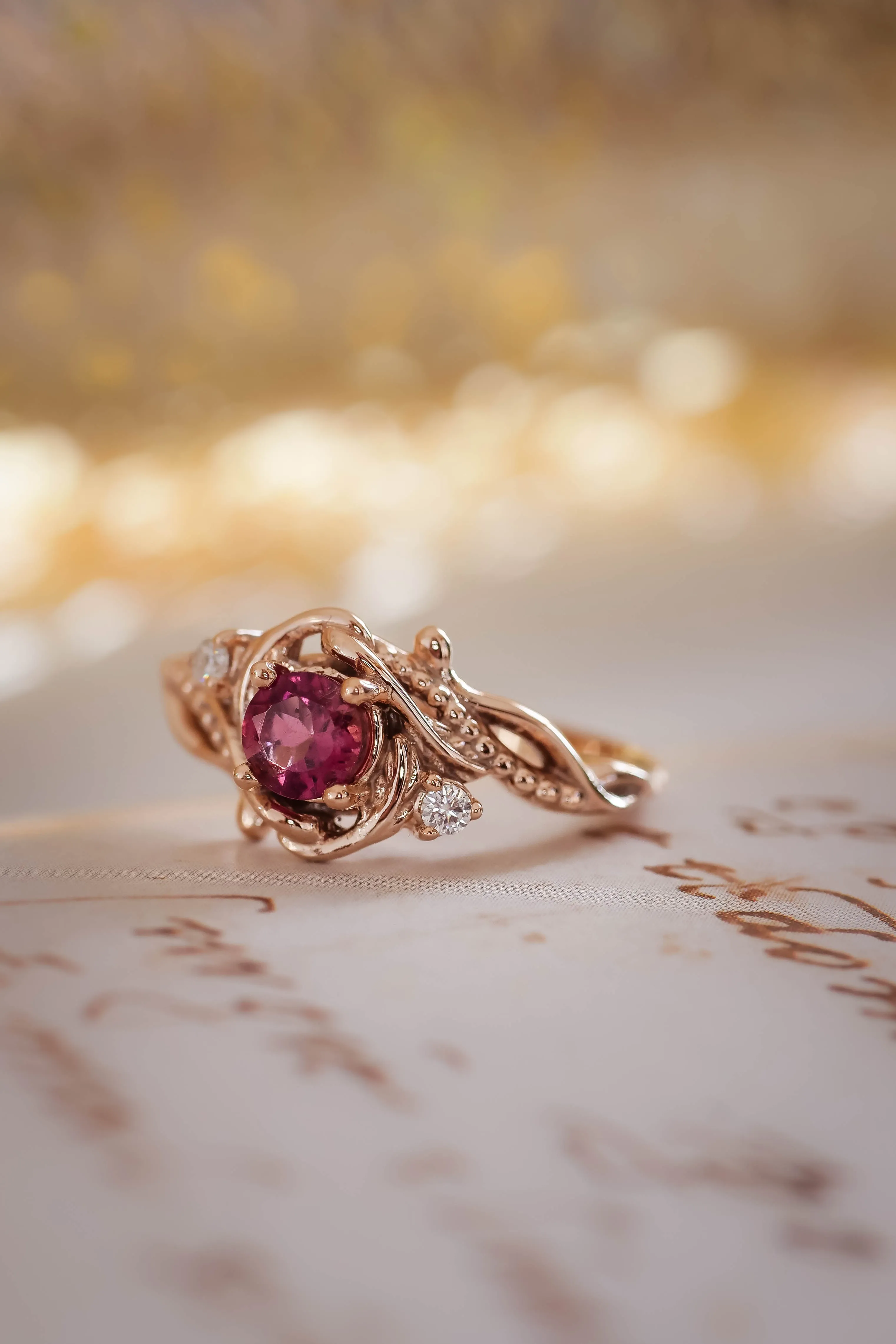 READY TO SHIP: Undina in 14K rose gold, pink tourmaline 5 mm, moissanites, RING SIZE 7 US