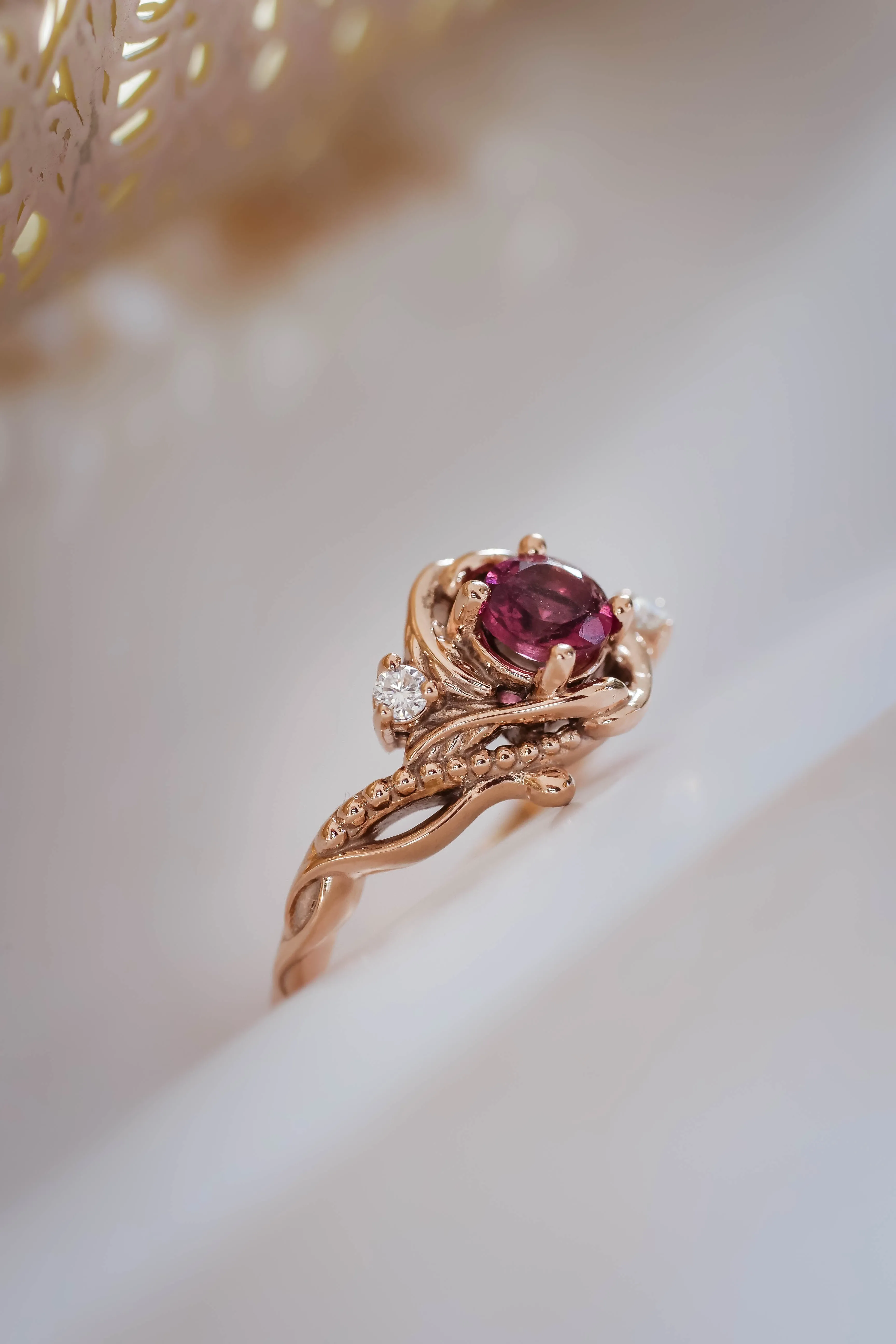 READY TO SHIP: Undina in 14K rose gold, pink tourmaline 5 mm, moissanites, RING SIZE 7 US