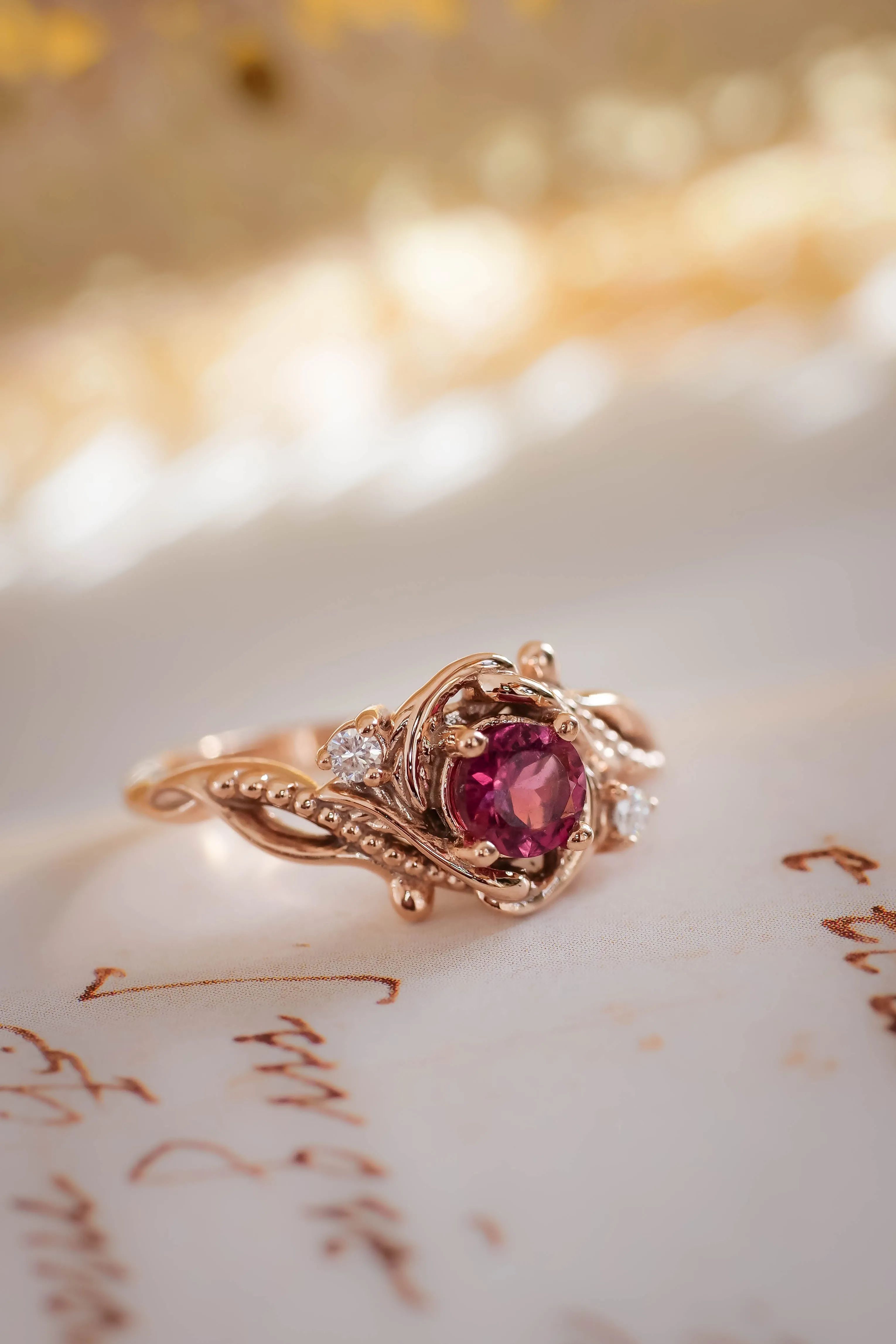 READY TO SHIP: Undina in 14K rose gold, pink tourmaline 5 mm, moissanites, RING SIZE 7 US