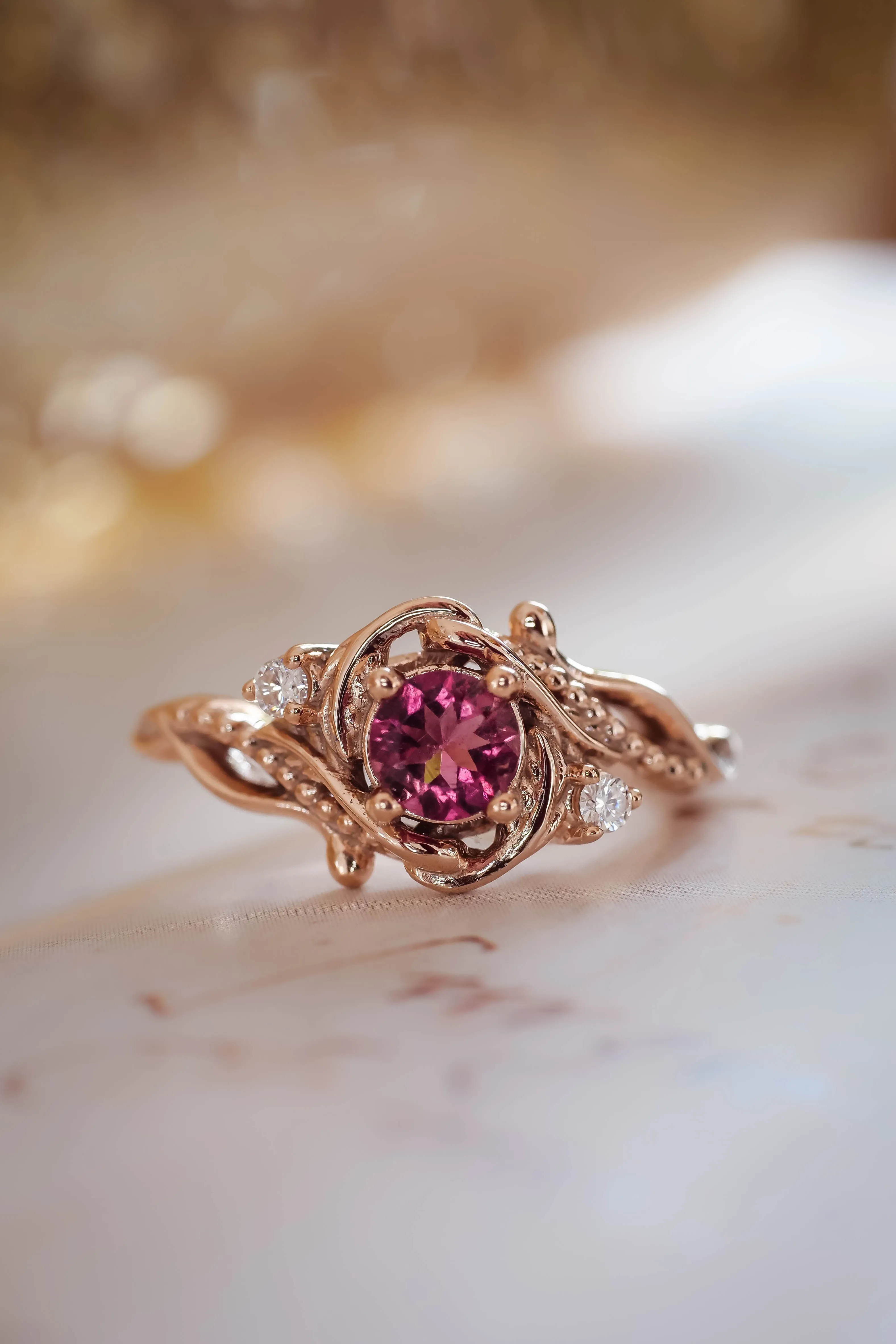 READY TO SHIP: Undina in 14K rose gold, pink tourmaline 5 mm, moissanites, RING SIZE 7 US