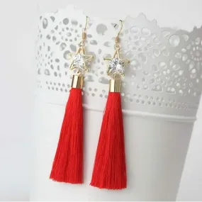 Red Tassel Earrings with Gold Star and Crystal