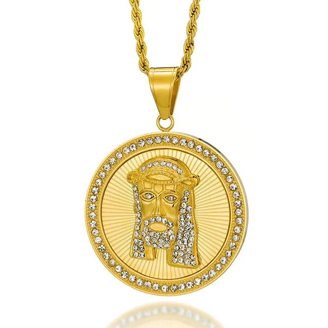 Rhinestone-Studded Jesus Bling Stainless Steel Hip-hop Pendant Necklace