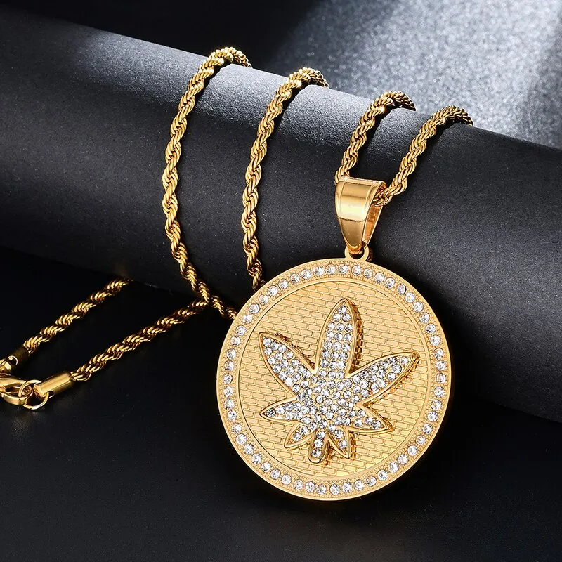 Rhinestone-Studded Maple Leaf Round Bling Stainless Steel Hip-hop Pendant Necklace