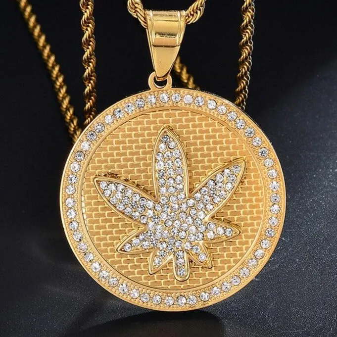 Rhinestone-Studded Maple Leaf Round Bling Stainless Steel Hip-hop Pendant Necklace