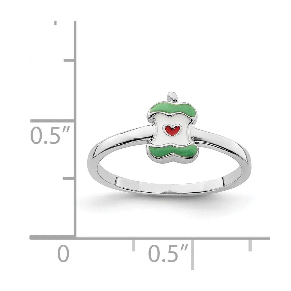 Rhodium-Plated Childs Enameled Apple Core Ring in Sterling Silver