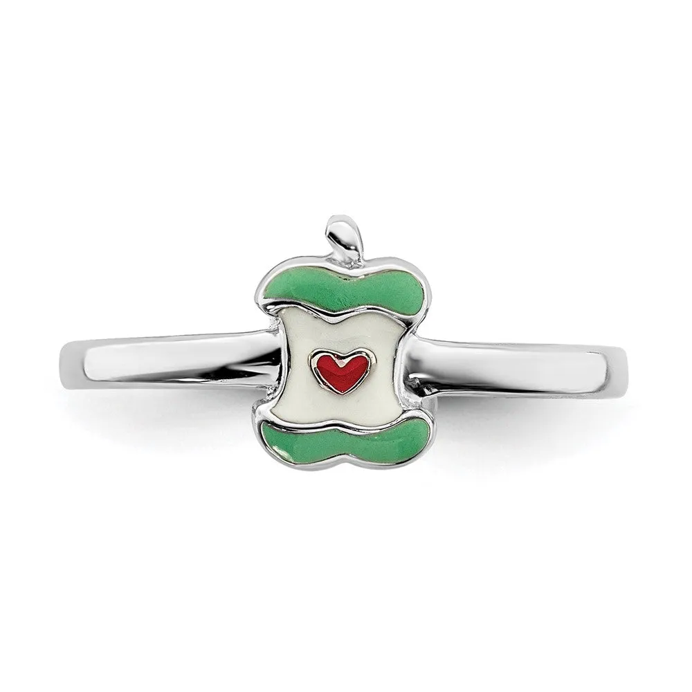 Rhodium-Plated Childs Enameled Apple Core Ring in Sterling Silver