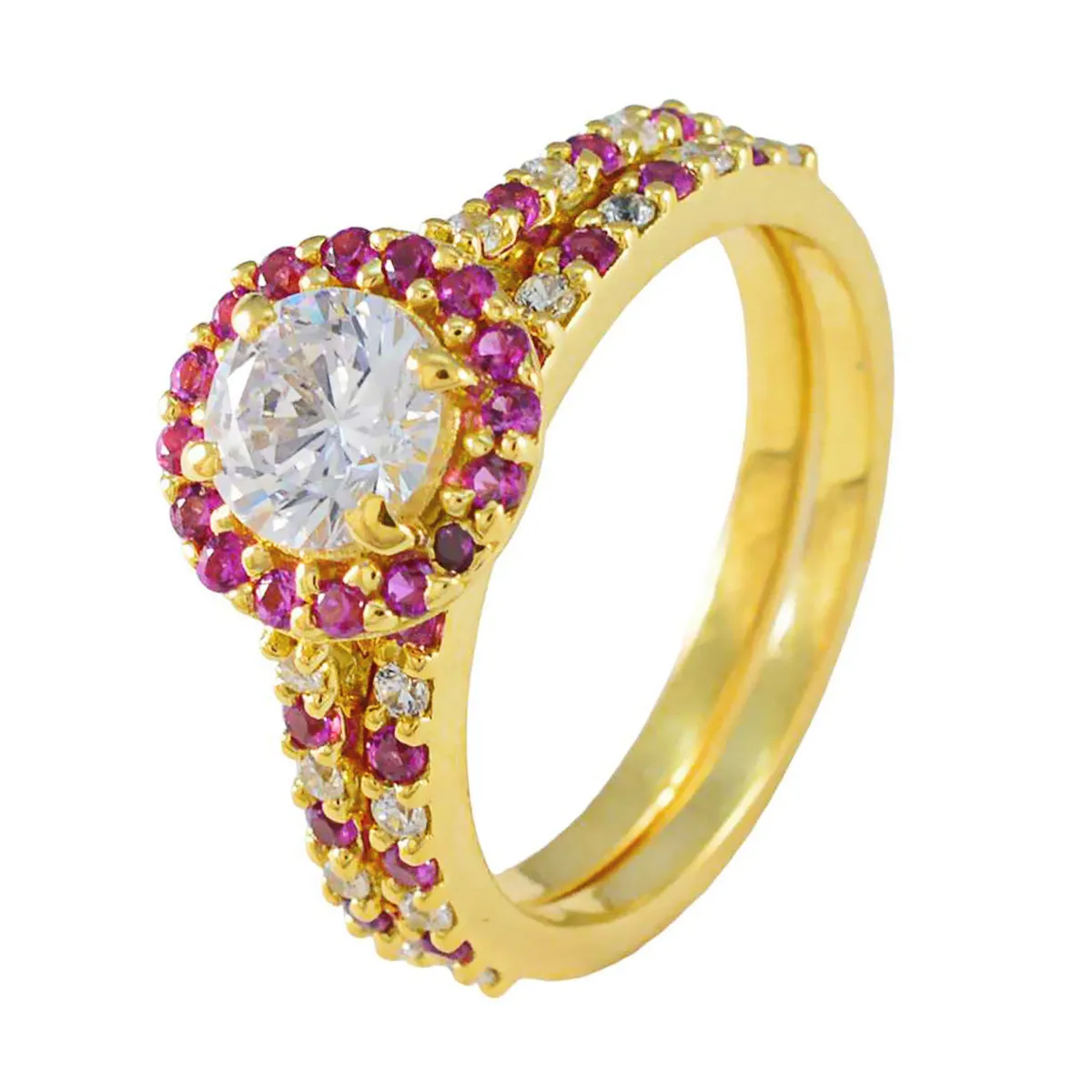 Riyo Best Silver Ring With Yellow Gold Plating Ruby CZ Stone Round Shape Prong Setting Cocktail Ring