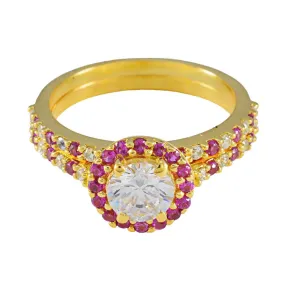 Riyo Best Silver Ring With Yellow Gold Plating Ruby CZ Stone Round Shape Prong Setting Cocktail Ring