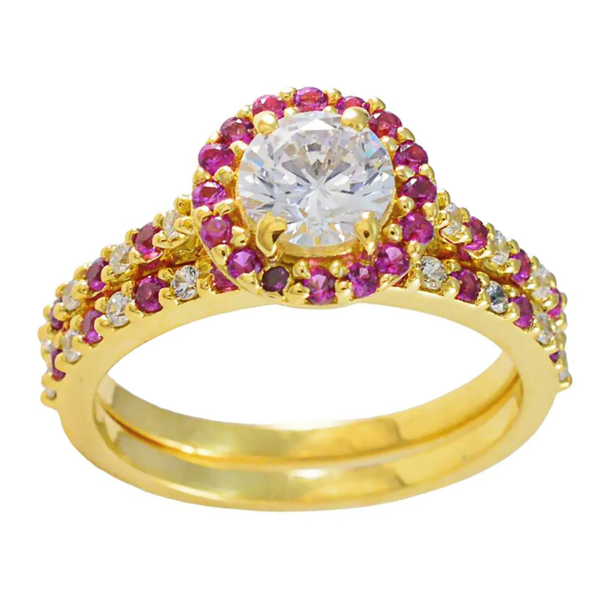 Riyo Best Silver Ring With Yellow Gold Plating Ruby CZ Stone Round Shape Prong Setting Cocktail Ring