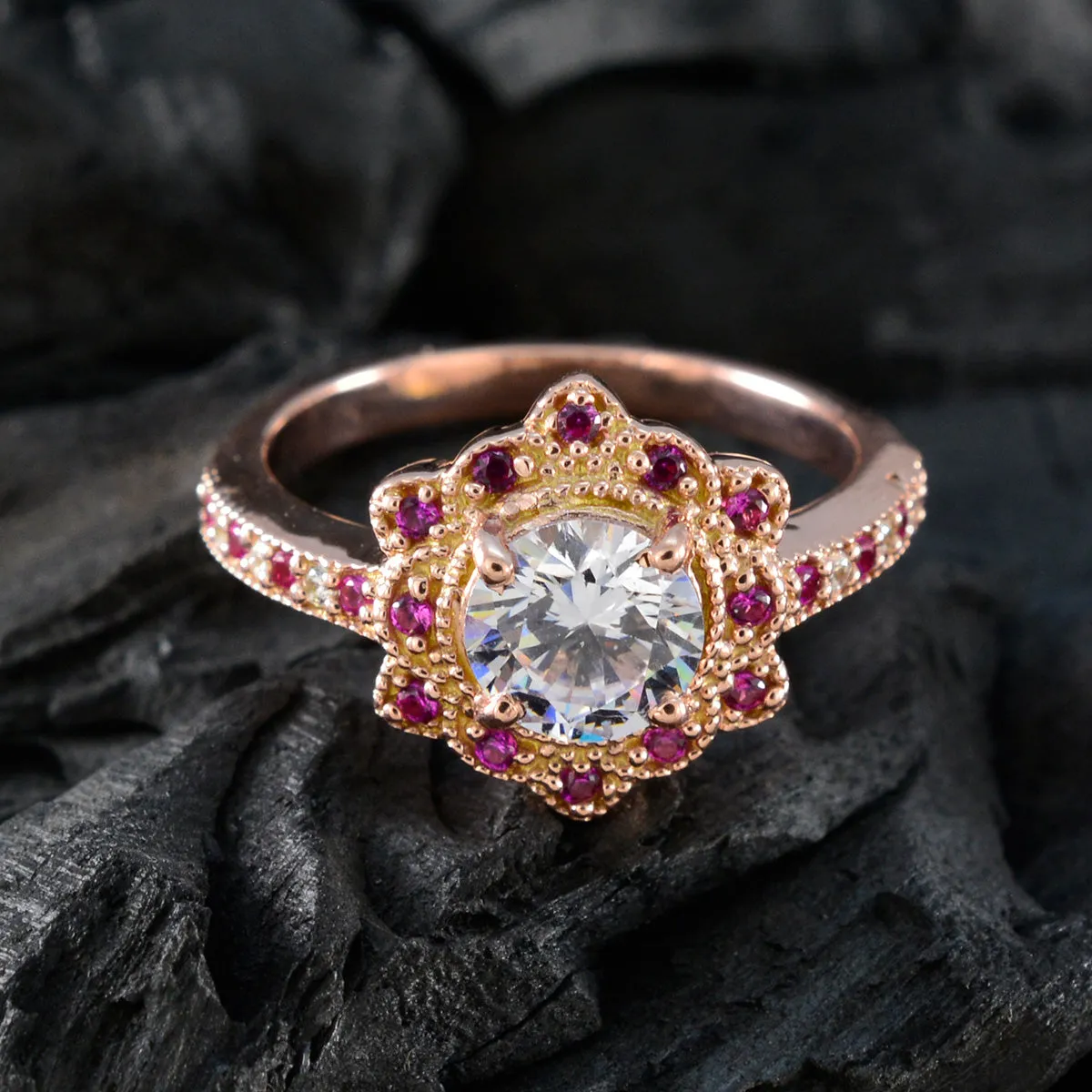 Riyo Classical Silver Ring With Rose Gold Plating Ruby CZ Stone Round Shape Prong Setting  Jewelry Engagement Ring