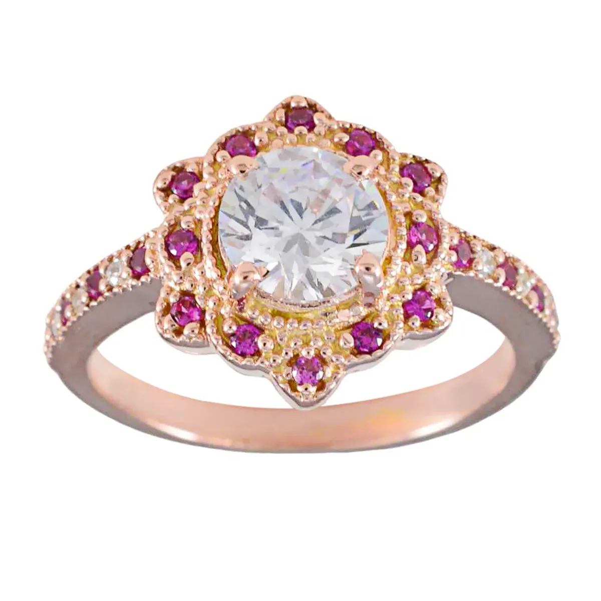 Riyo Classical Silver Ring With Rose Gold Plating Ruby CZ Stone Round Shape Prong Setting  Jewelry Engagement Ring