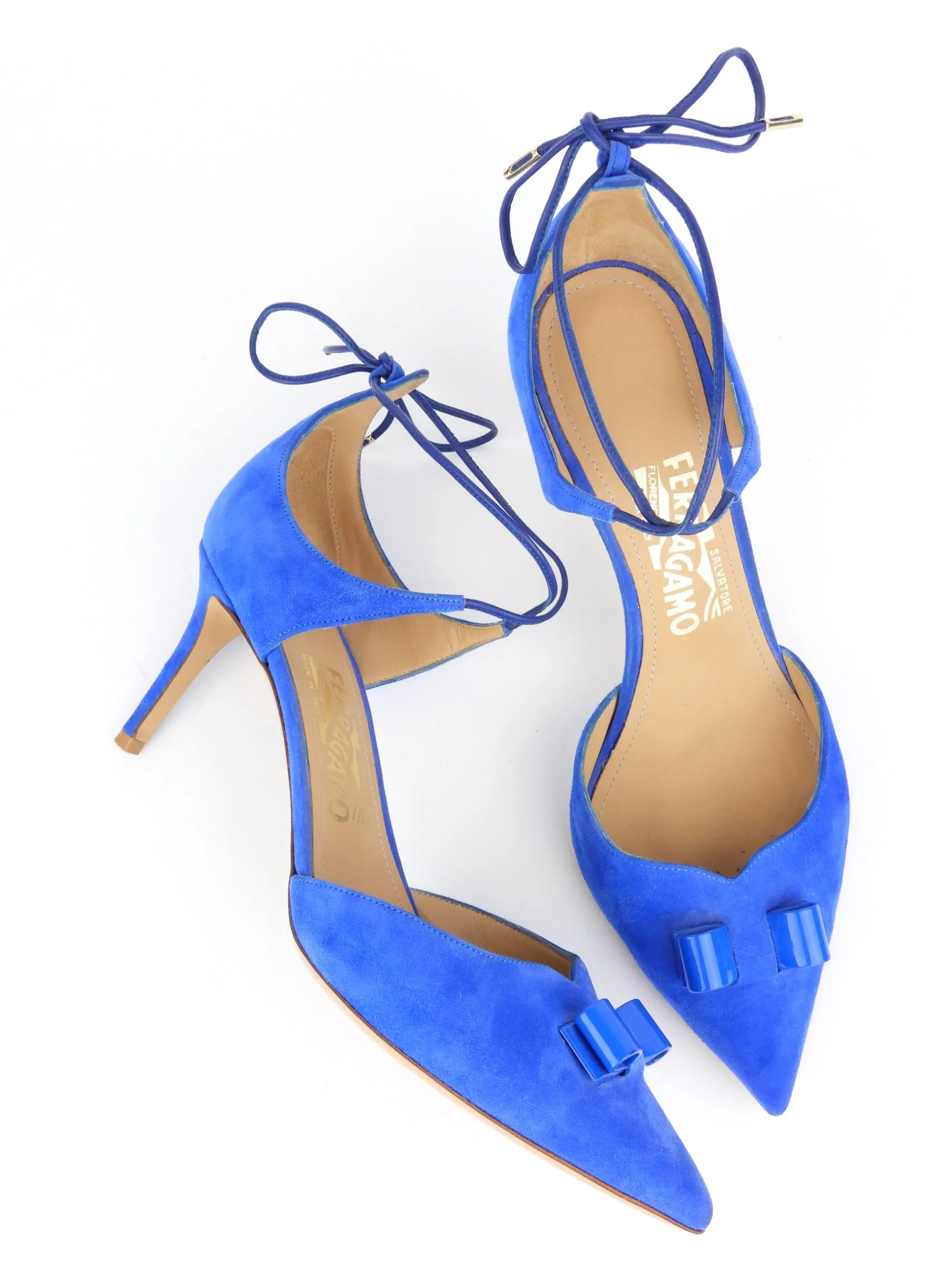 Salvatore Ferragamo Blue Suede Leather Bow Detail Carolyn Pumps - 7.5