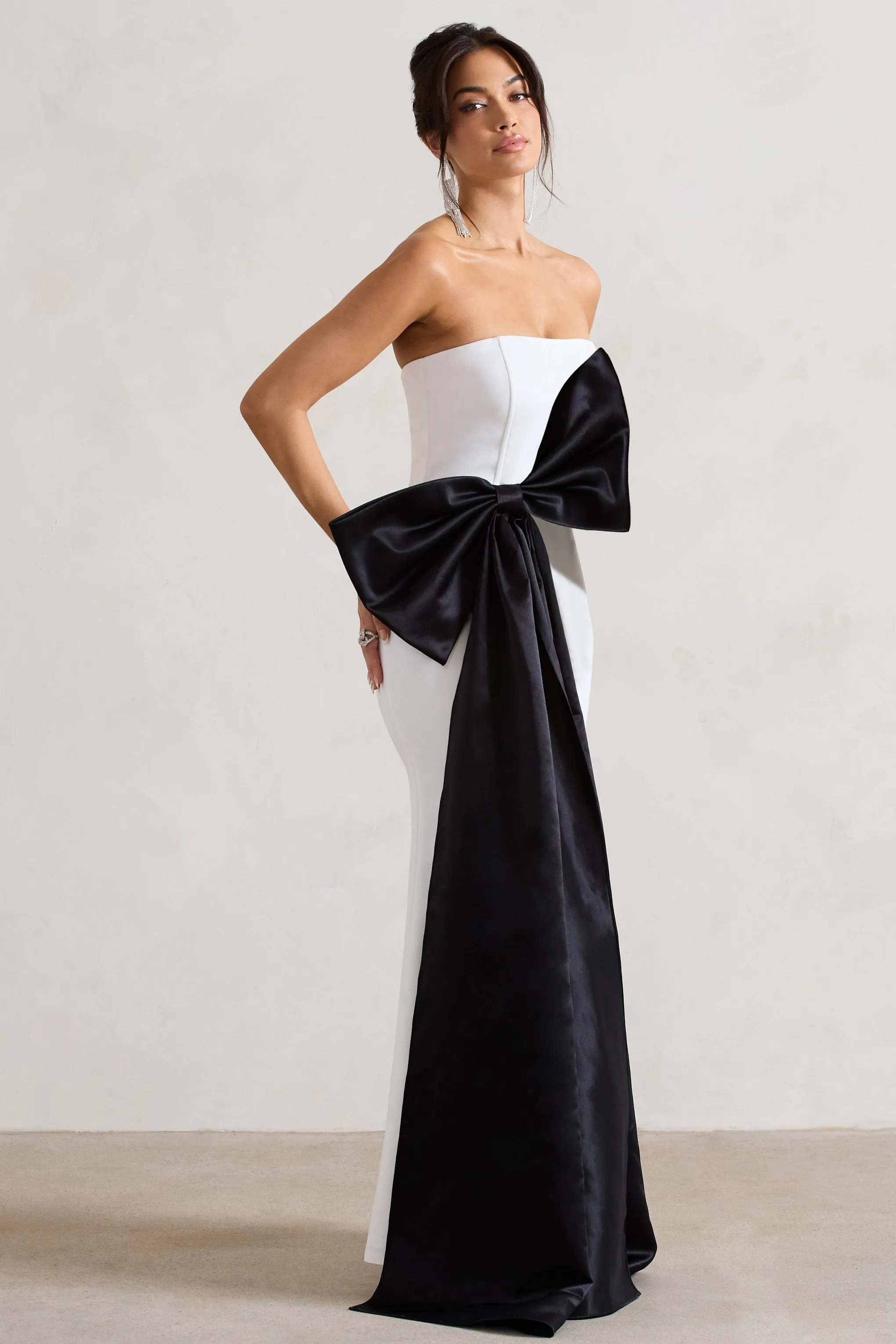 Sincerely | White Bandeau Split Maxi Dress With Oversized Black Bow