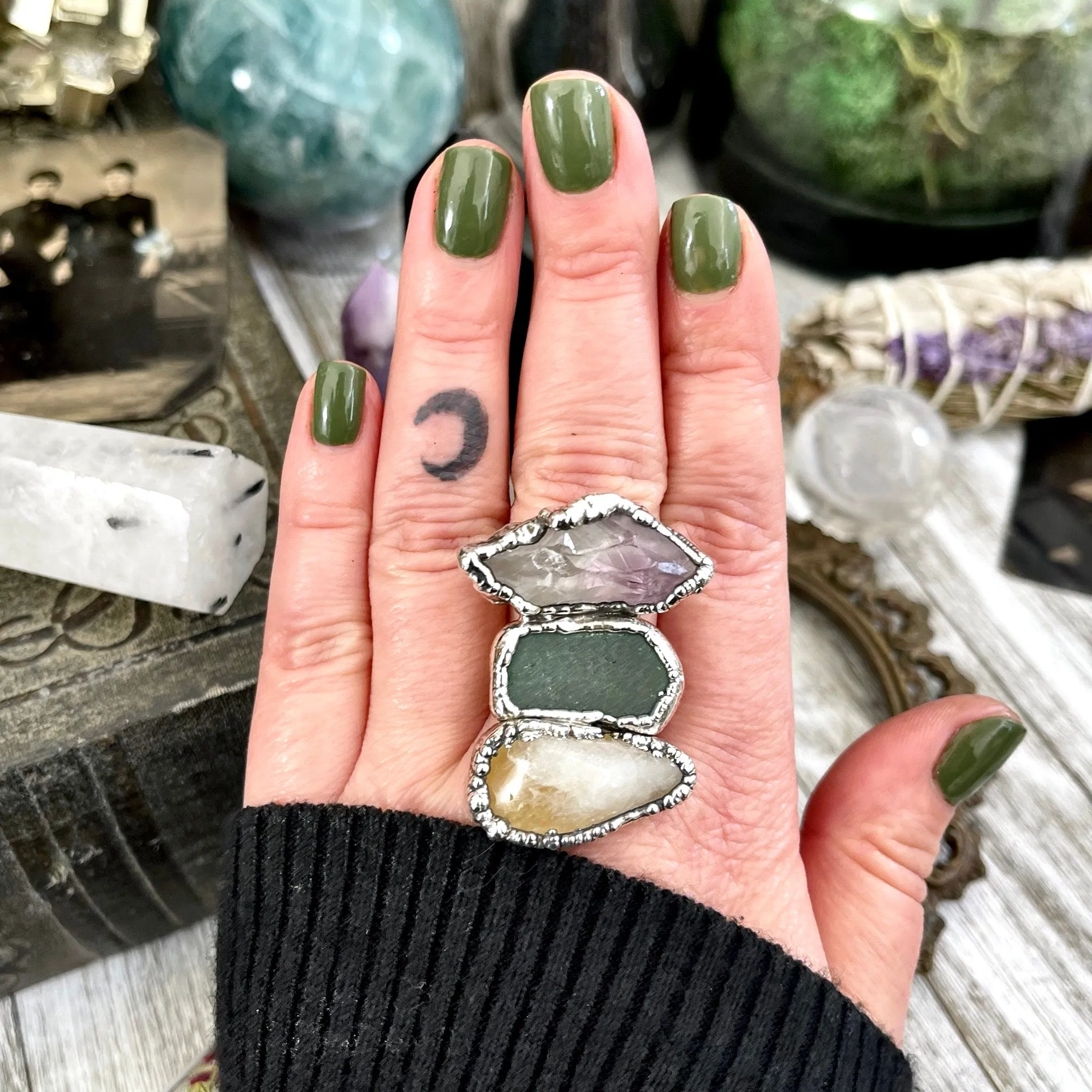 Size 10 Three Stone Ring- Citrine Amethyst Sea Glass Crystal Ring Fine Silver / Foxlark Collection - One of a Kind