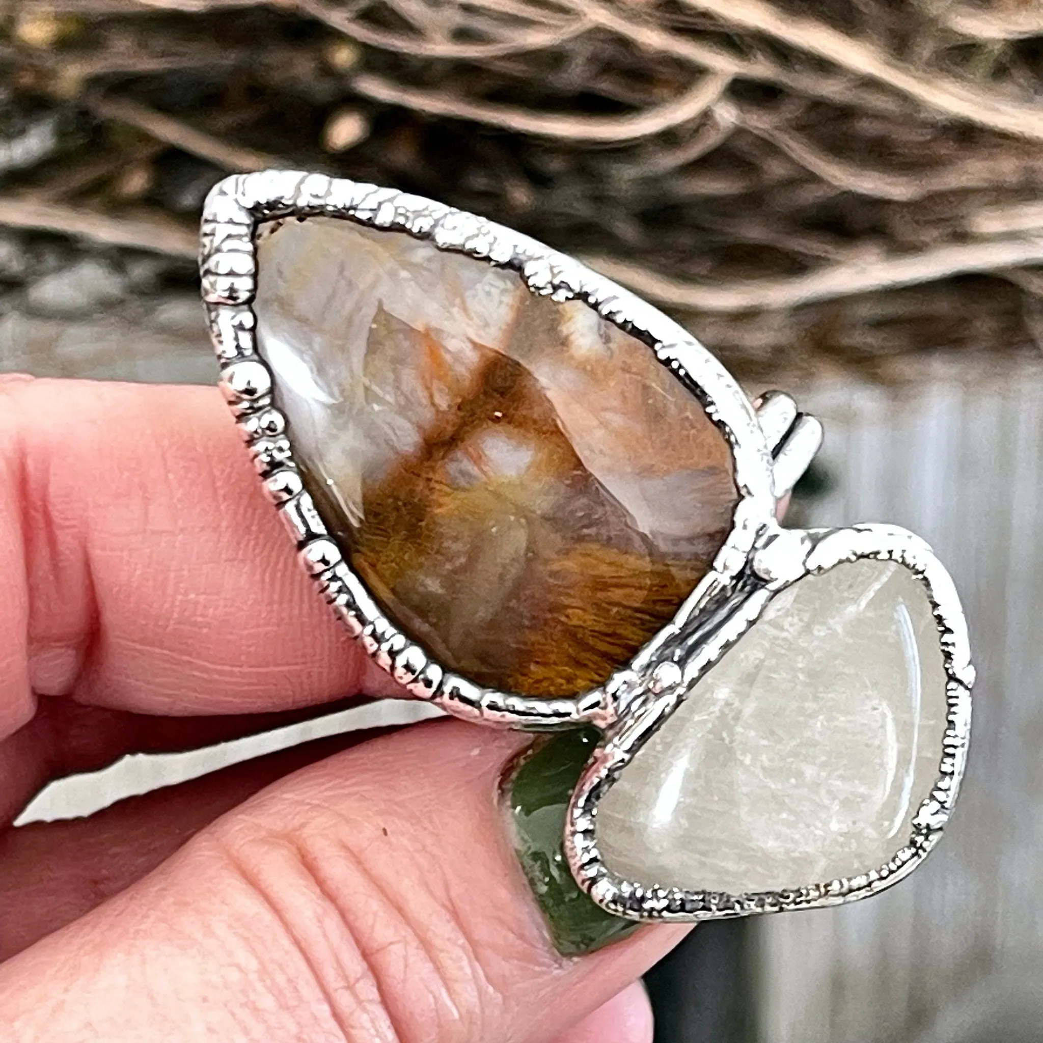 Size 10 Two Stone Ring- Fancy Moss Agate Clear Quartz Crystal Ring Fine Silver / Foxlark Collection - One of a Kind