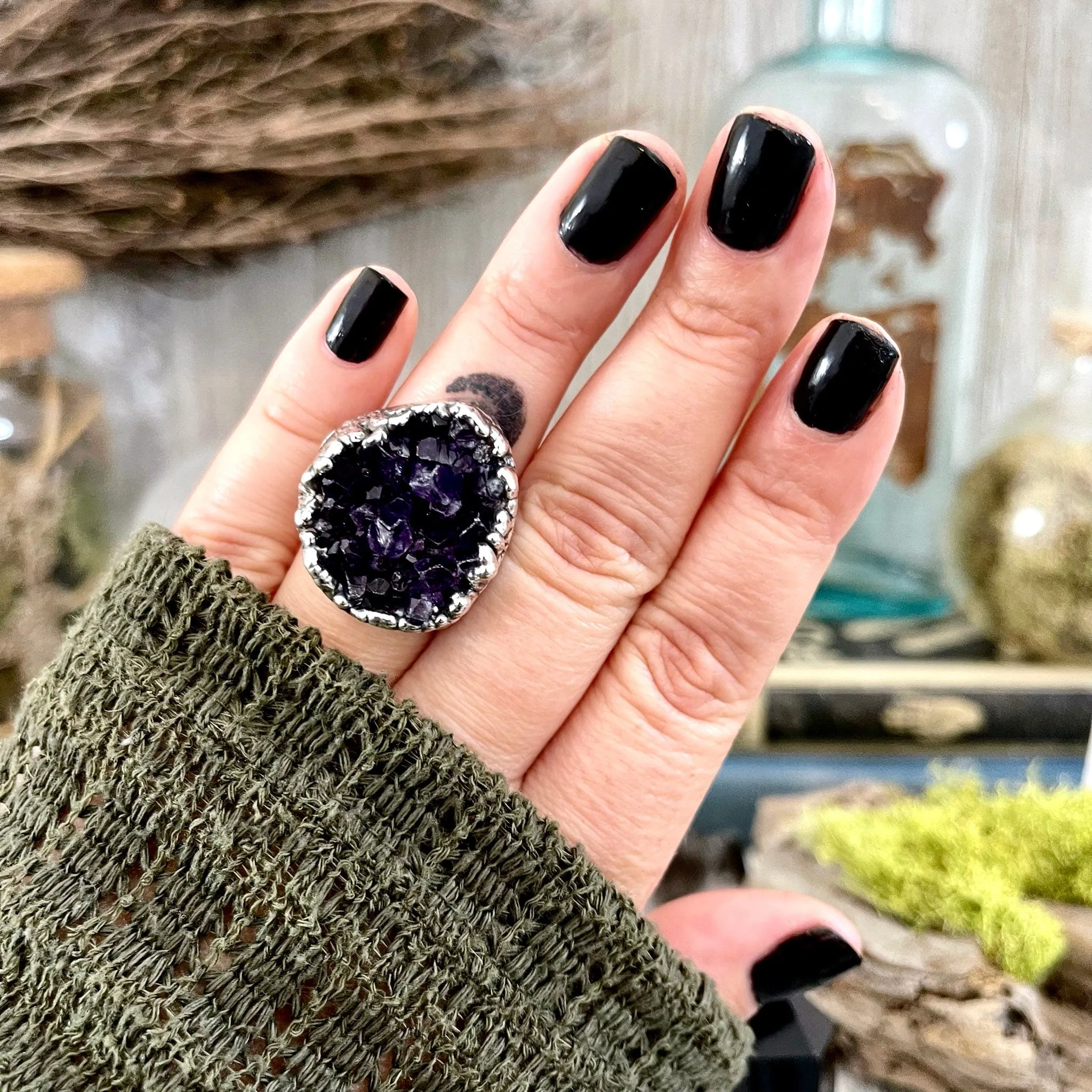 Size 6.5 Big Raw Amethyst Purple Crystal Cluster Ring in Fine Silver / Foxlark Collection - One of a Kind