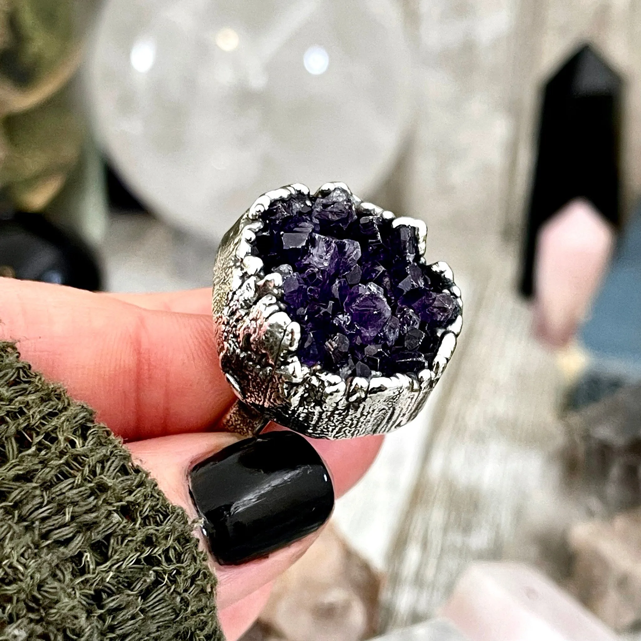 Size 6.5 Big Raw Amethyst Purple Crystal Cluster Ring in Fine Silver / Foxlark Collection - One of a Kind