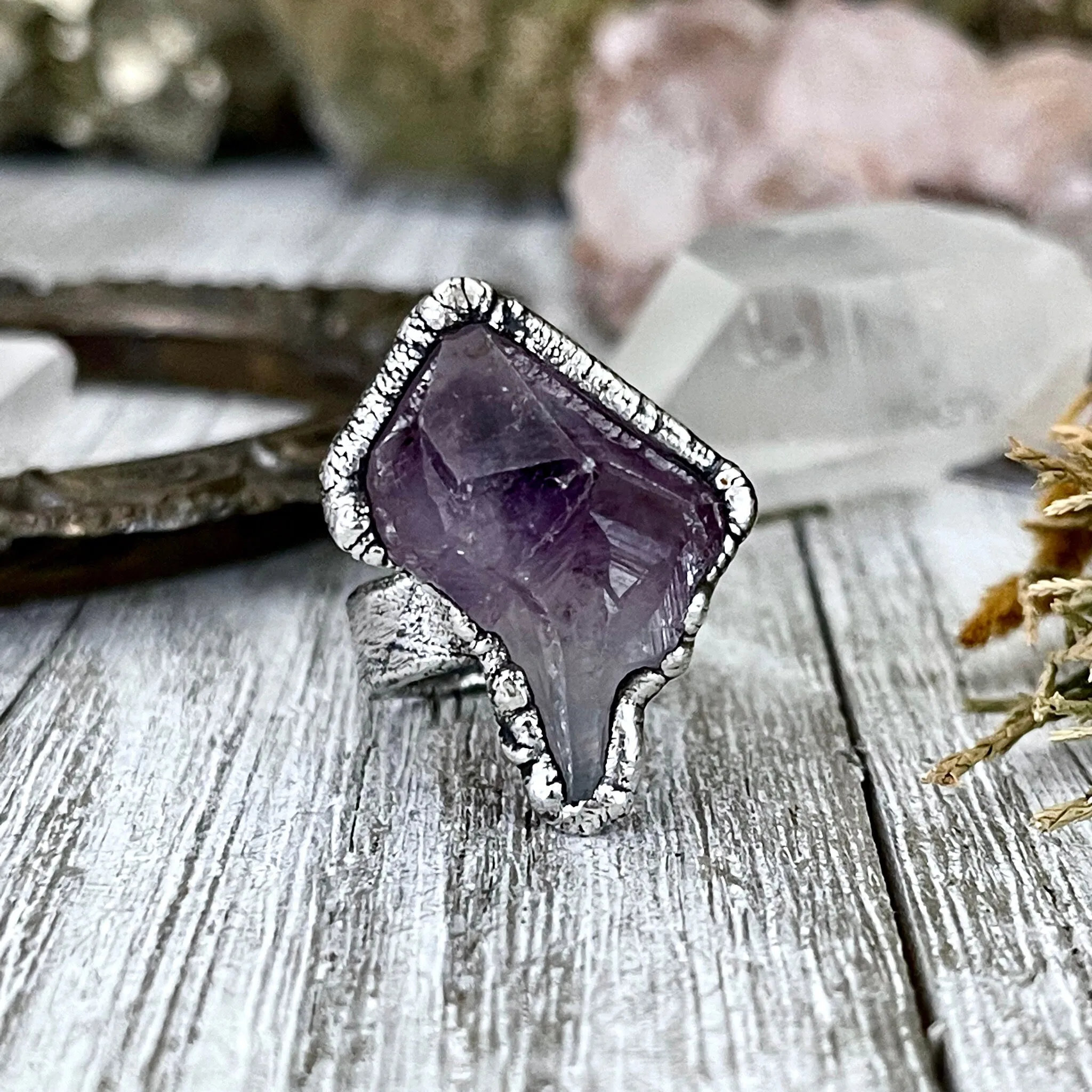 Size 6.5 Big Raw Amethyst Purple Crystal Ring in Fine Silver / Foxlark Collection - One of a Kind