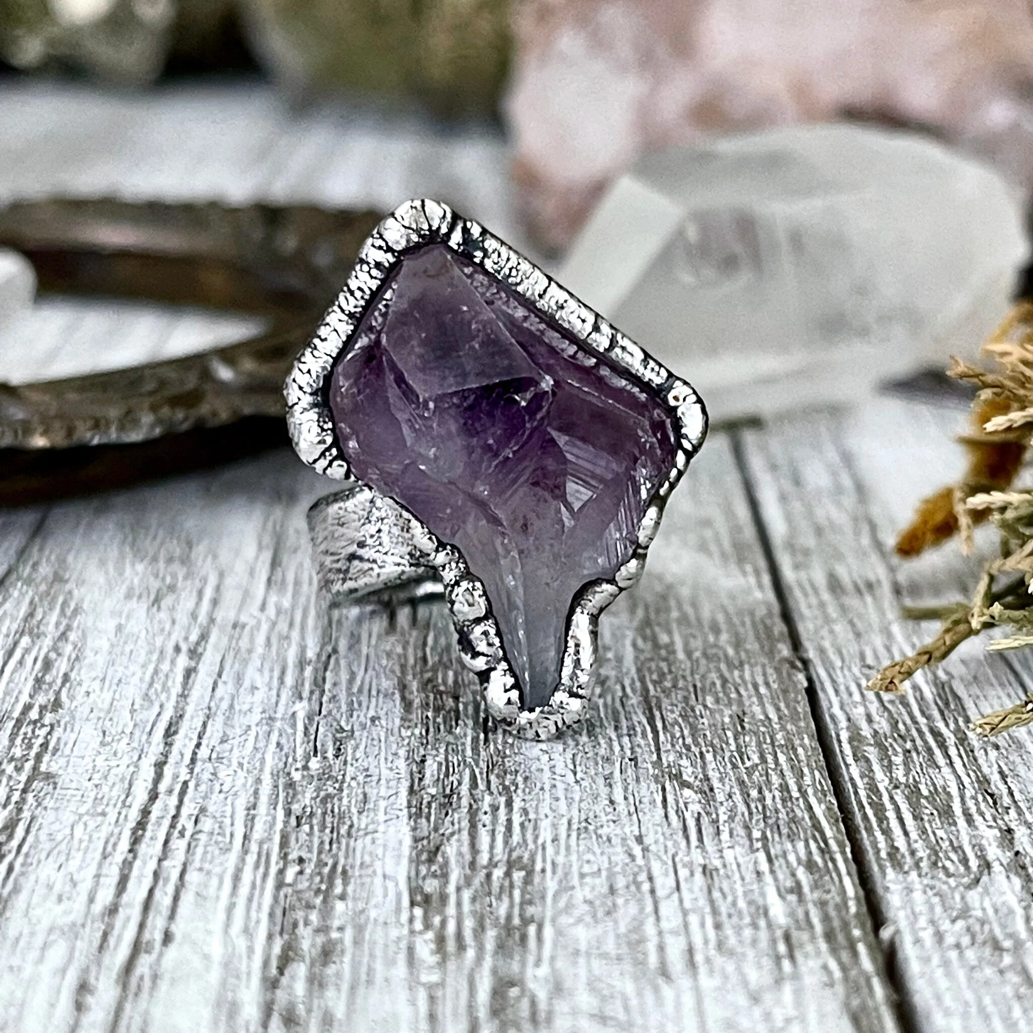 Size 6.5 Big Raw Amethyst Purple Crystal Ring in Fine Silver / Foxlark Collection - One of a Kind