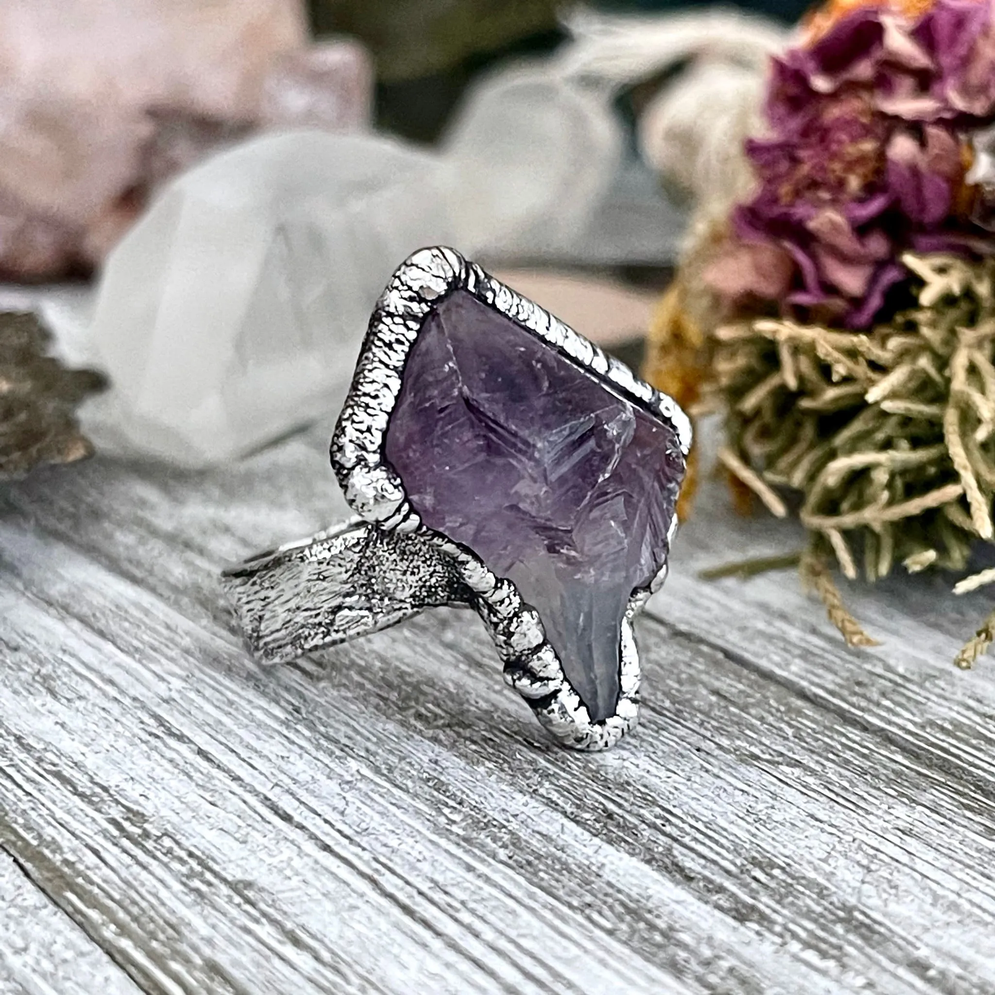 Size 6.5 Big Raw Amethyst Purple Crystal Ring in Fine Silver / Foxlark Collection - One of a Kind