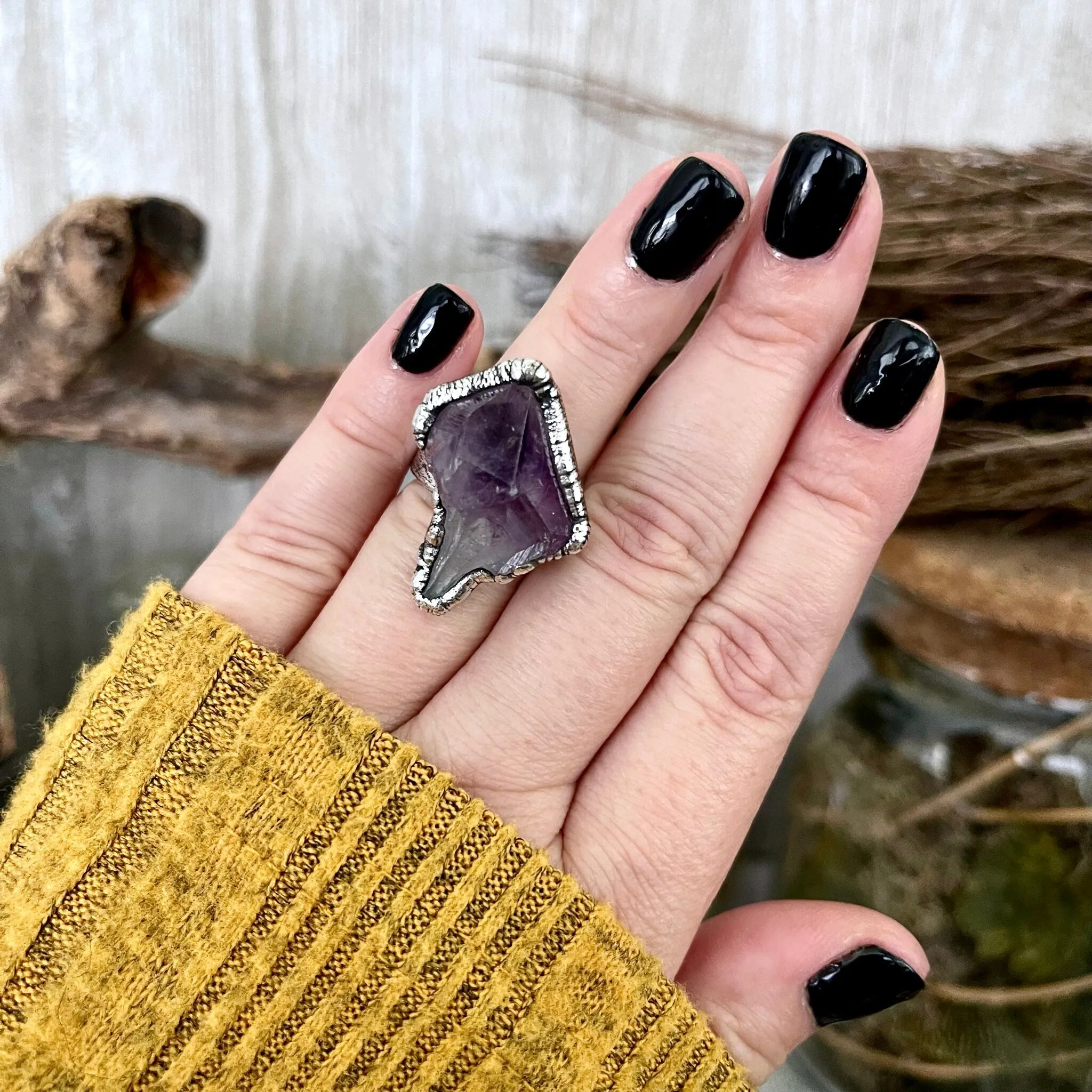 Size 6.5 Big Raw Amethyst Purple Crystal Ring in Fine Silver / Foxlark Collection - One of a Kind