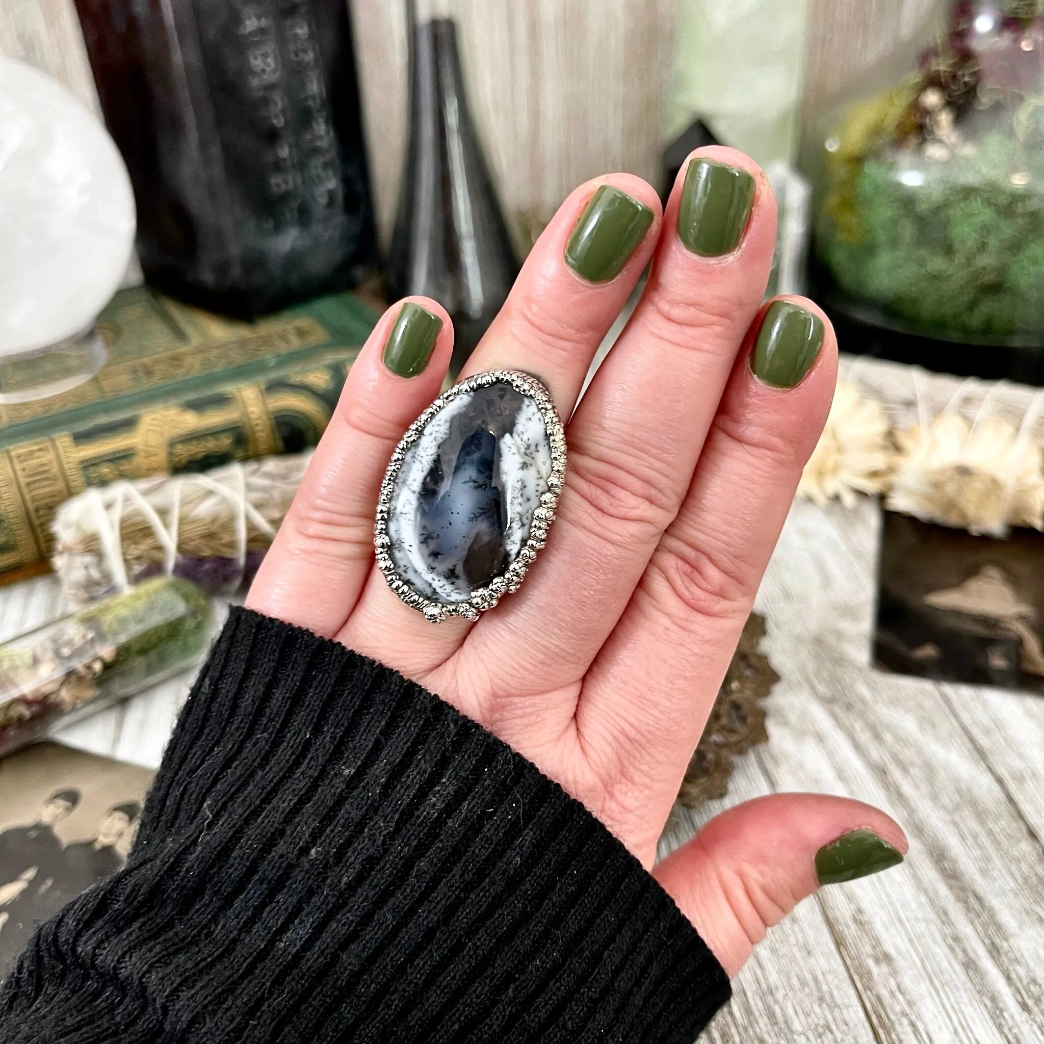 Size 7 Dendritic Agate Large Crystal Ring in Fine Silver for Woman /  Foxlark Collection - One of a Kind