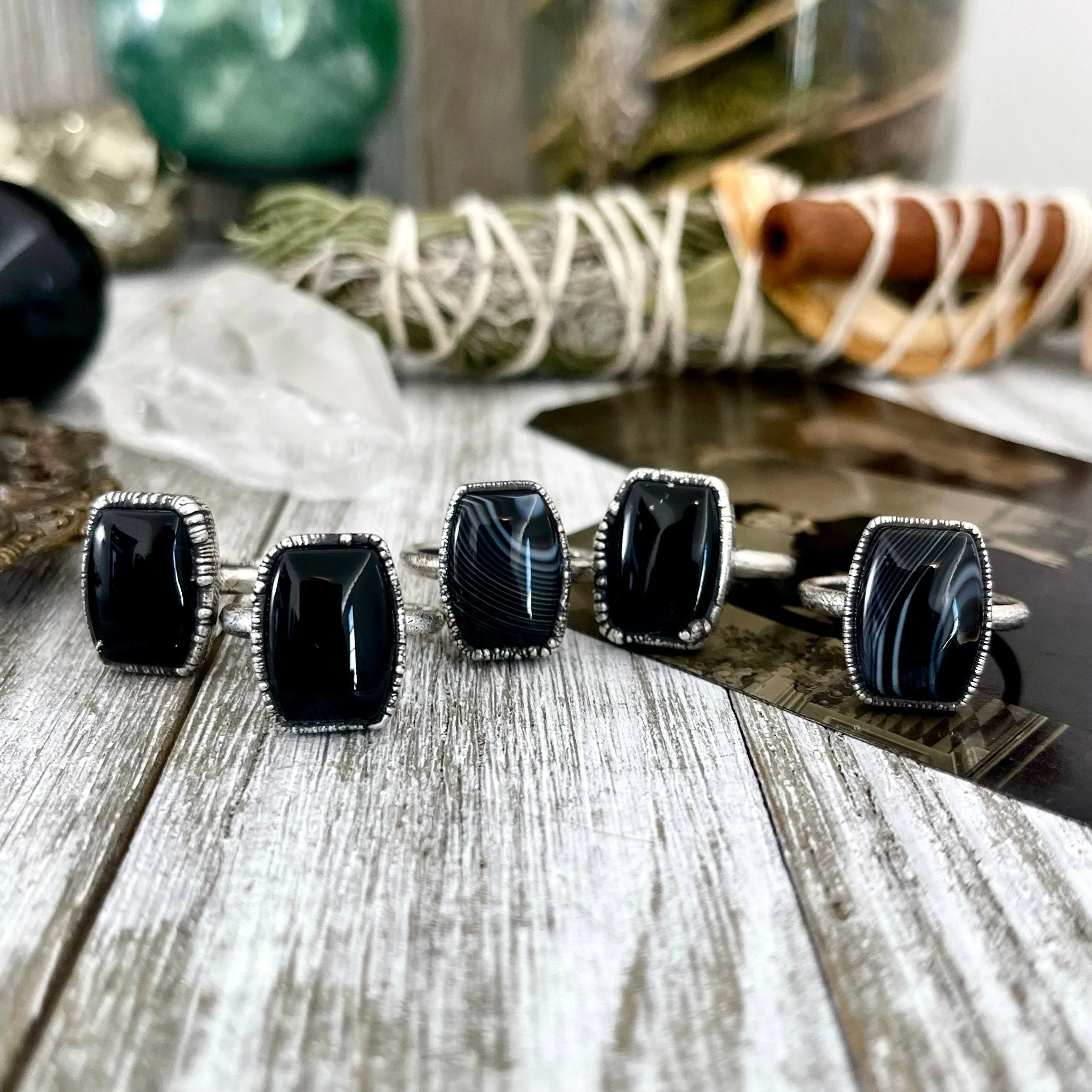 Size 7 or 9 Natural Black Stone Agate Ring in Fine Silver/ Foxlark Collection - One of a Kind