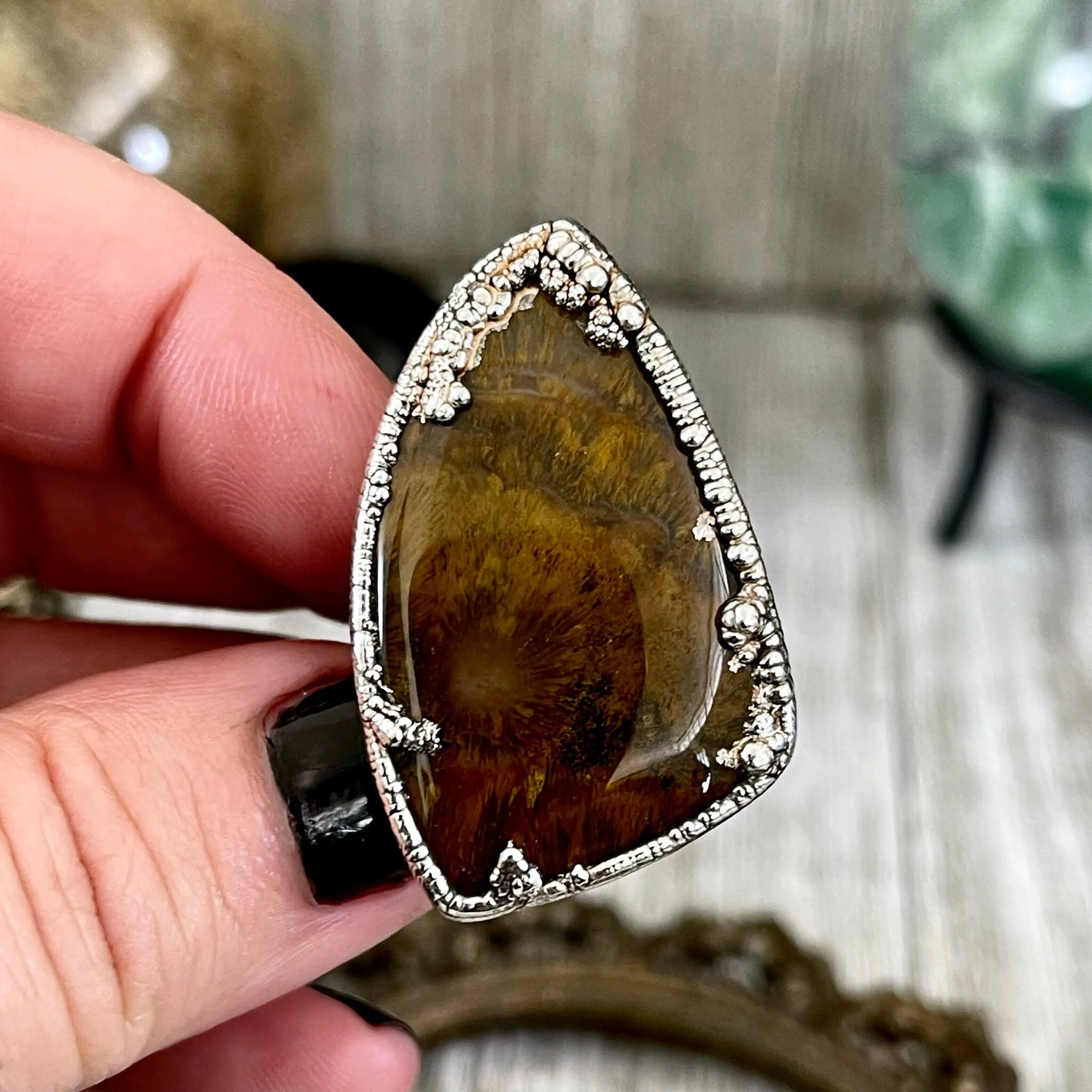 Size 7 Silver Natural Fancy Moss Agate Crystal Statement Ring / Foxlark Collection - One of a Kind