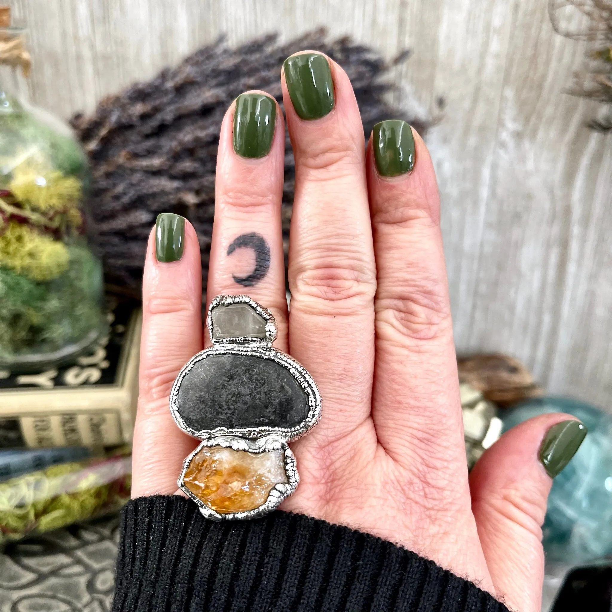 Size 7.5 Three Stone Ring- Citrine Clear Quartz River Rock Crystal Ring Fine Silver / Foxlark Collection - One of a Kind