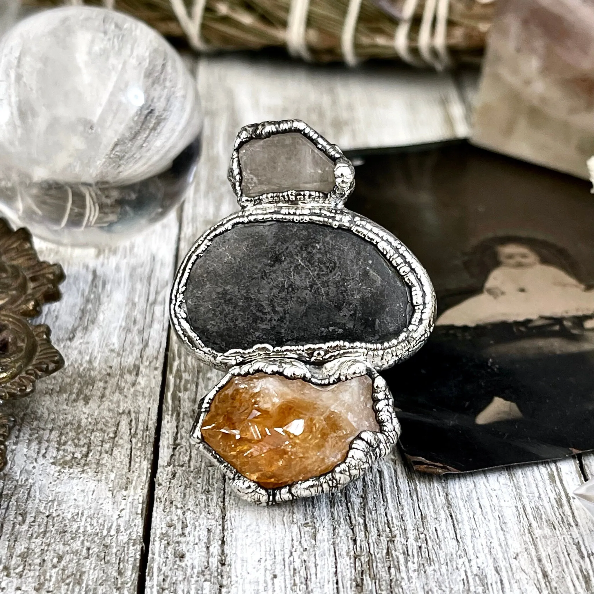 Size 7.5 Three Stone Ring- Citrine Clear Quartz River Rock Crystal Ring Fine Silver / Foxlark Collection - One of a Kind