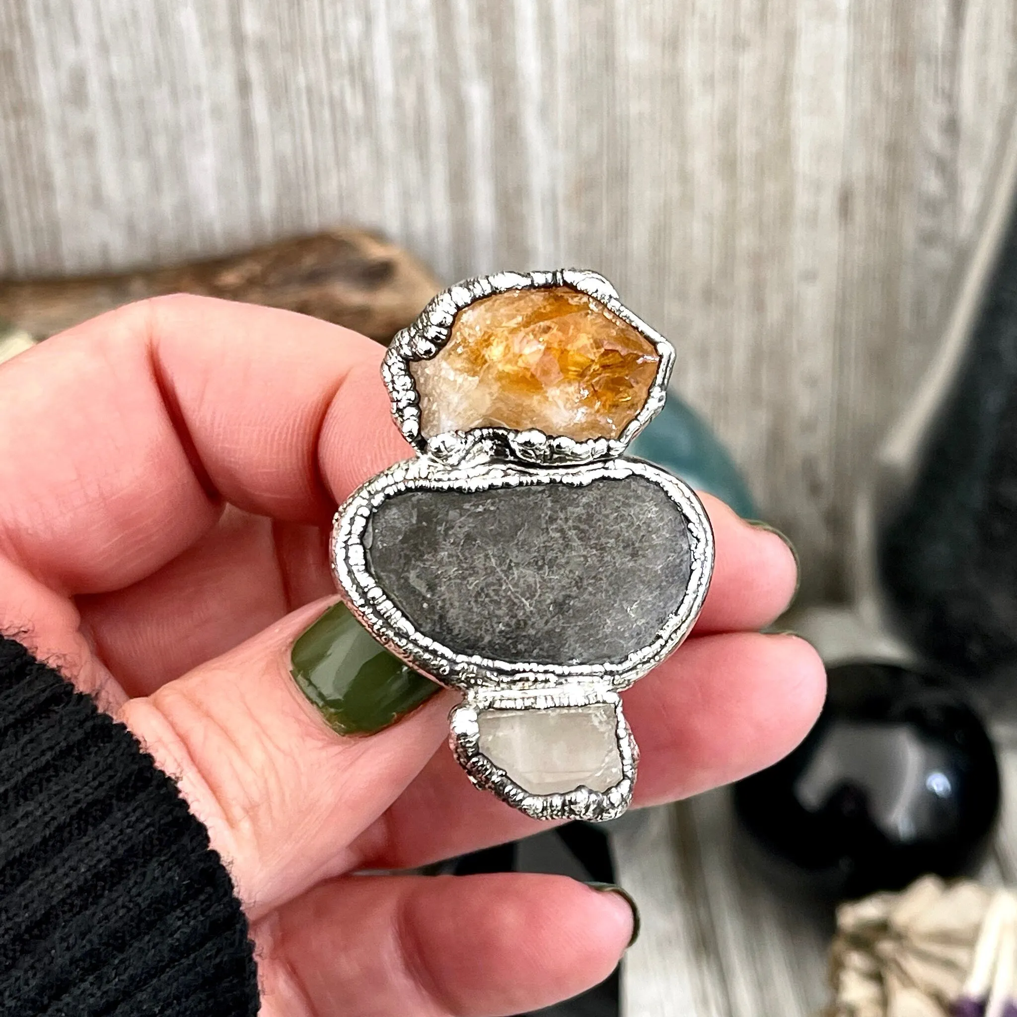 Size 7.5 Three Stone Ring- Citrine Clear Quartz River Rock Crystal Ring Fine Silver / Foxlark Collection - One of a Kind