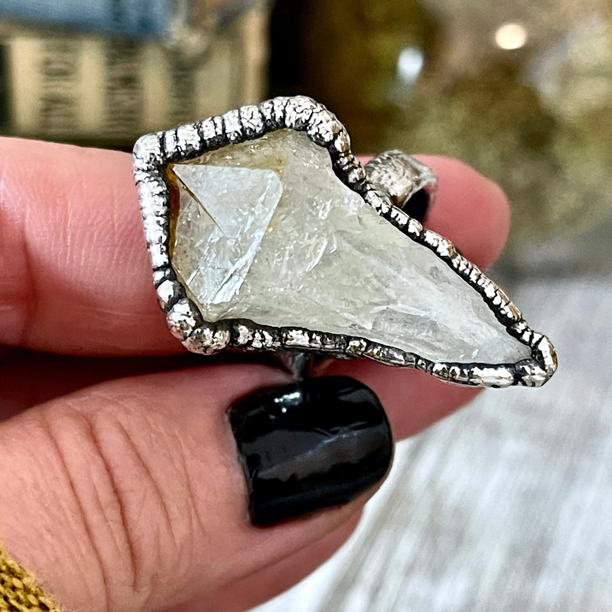 Size 8 Raw Citrine Point Ring Set in Fine Silver  /  Yellow Crystal  Jewelry